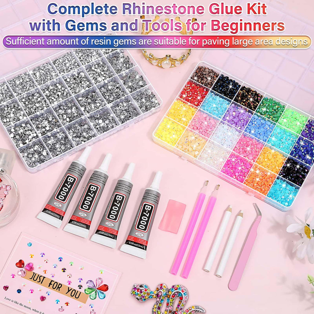 40000Pcs Resin Rhinestones with B7000 Jewelry Glue for Crafting, Rainbow Bedazzling Crystals Flat Back Gems with Craft Adhesive for DIY Graduation Cap Clothes Tumblers Shoes Nails and Face