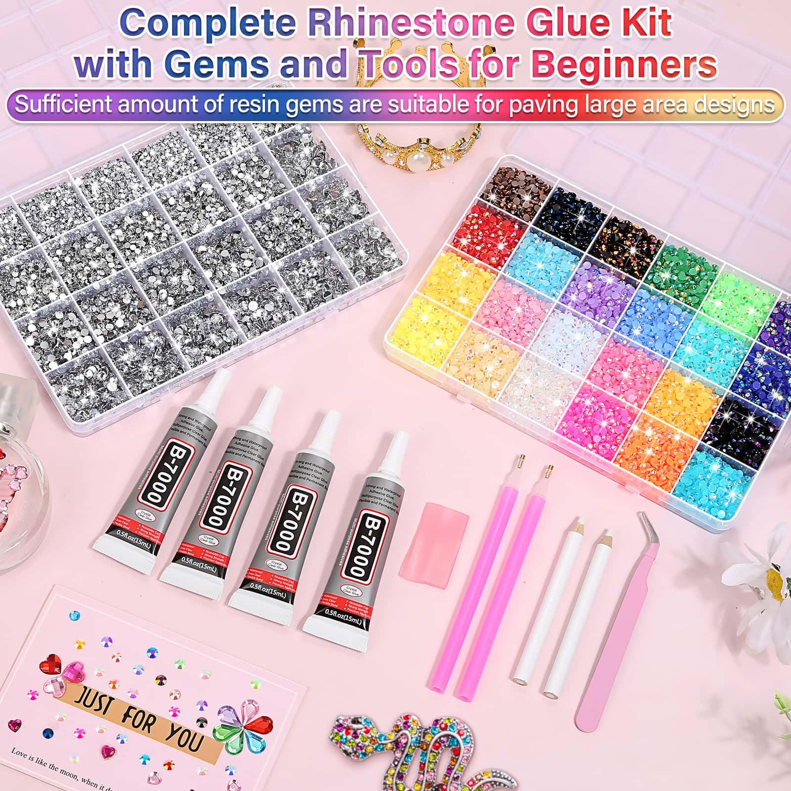 40000Pcs Resin Rhinestones with B7000 Jewelry Glue for Crafting, Rainbow Bedazzling Crystals Flat Back Gems with Craft Adhesive for DIY Graduation Cap Clothes Tumblers Shoes Nails and Face
