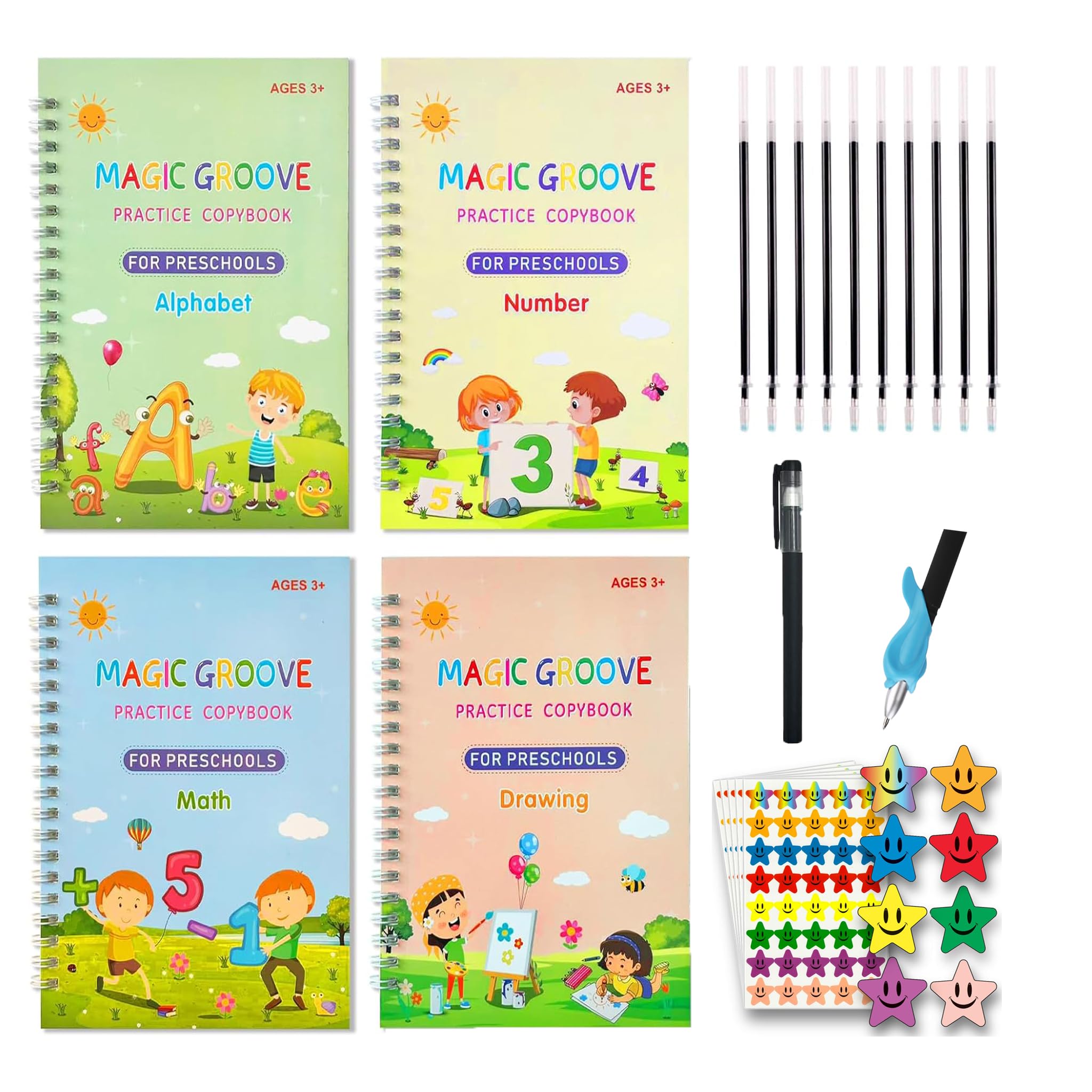 Magic Grooved Writing Practice Books for Reusable Handwriting Workbook with Disappearing Ink Pen & Stickers Practicing Letters, Numbers, Drawing and Math 4 Book Set with Refills