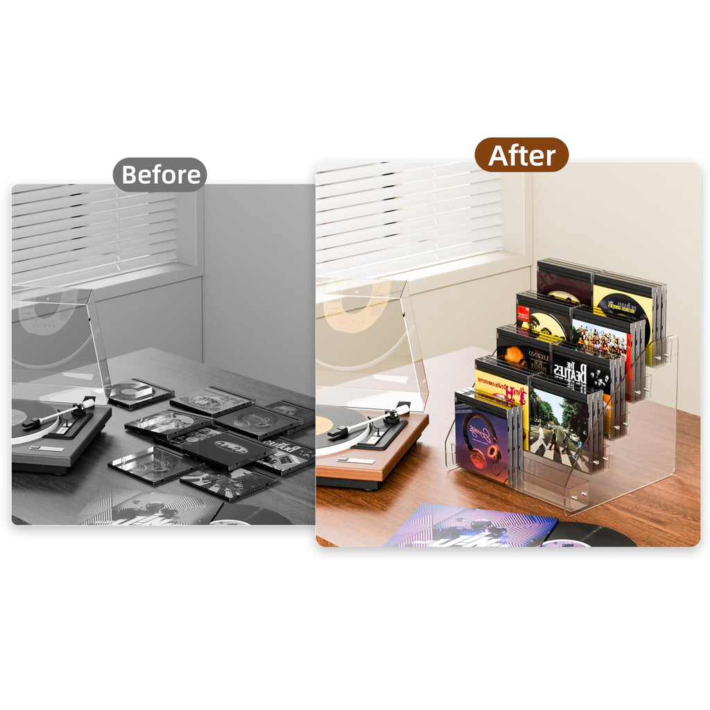 YFEEN CD Holder 5 Tier Clear Acrylic CD Organizers, CD Display Rack Holds up to 30 Standard DVD Cases for Media Shelf Storage and Organization