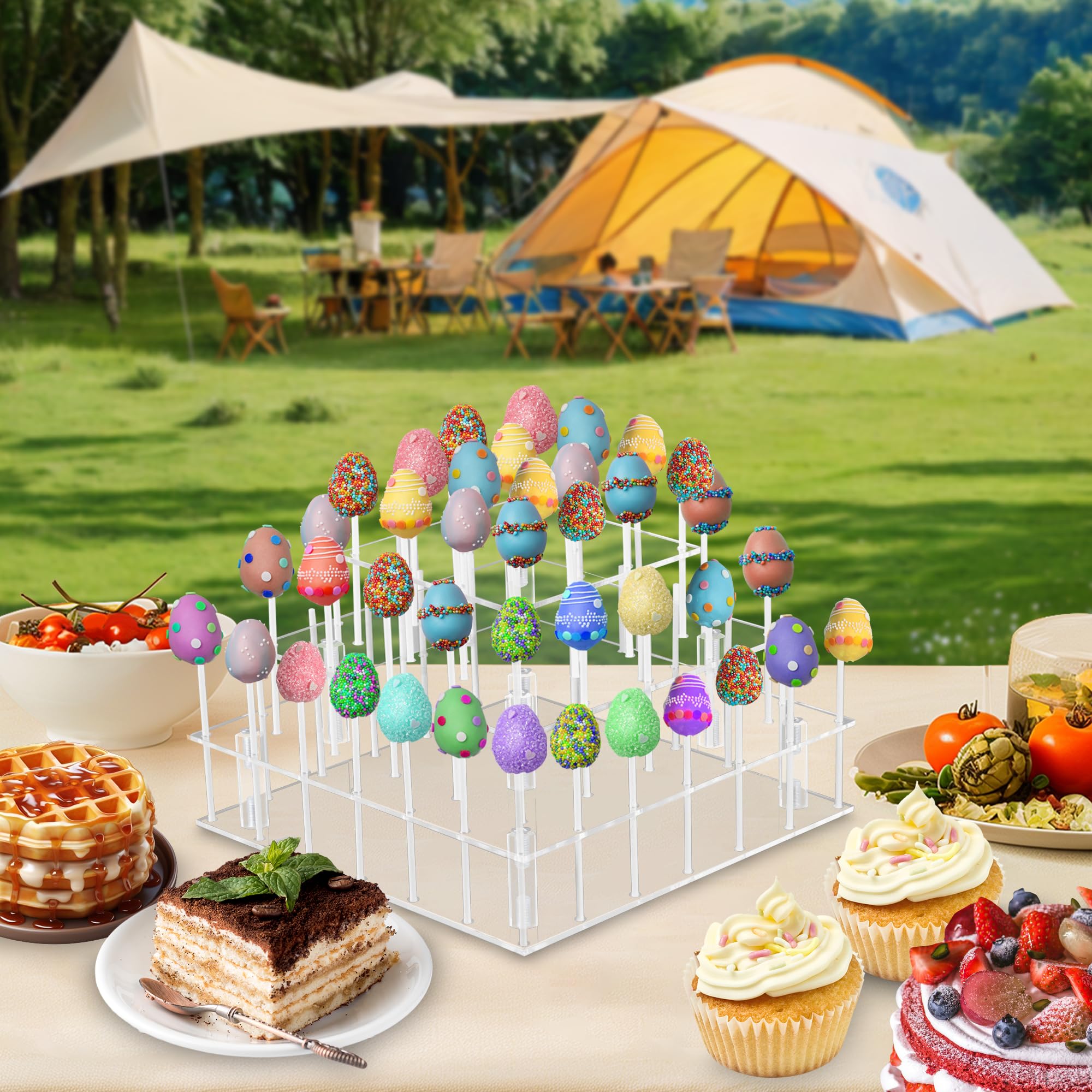 3 Tier Cake Pop Stand, 56 Holes Acrylic Cake Pop Holder Stand, Clear Cake Pop Display Stand Holder, Lollipop Square Display Stand with Sticks and Wrappers for Weddings Birthday Parties