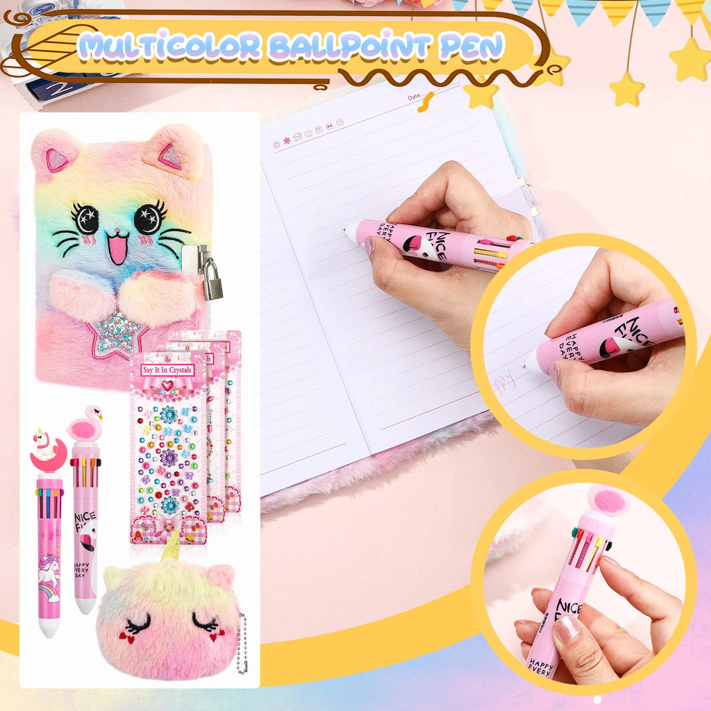 Cat Diary with Lock and Key,Tie-Dye Plush Notebook,Secret Diary with Coin Purse 2 Ballpoint 3 Crystal Sticker,Stationary Gift for Girls Age 4-12 Multicolored