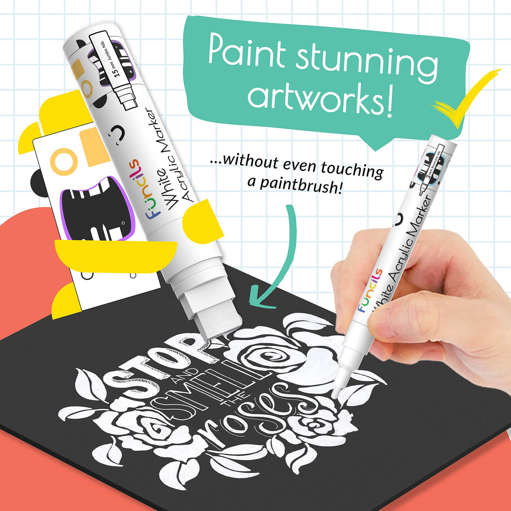 Funcils 5 Acrylic White Paint Pens - Fine & Jumbo Size Ink Pens (1mm, 3mm, 6mm, 10mm, 15mm) - Permanent White Marker Ink for Rock Painting, Fabric, Tire, Metal, Wood, Canvas, Glass, Plastic, Ceramic