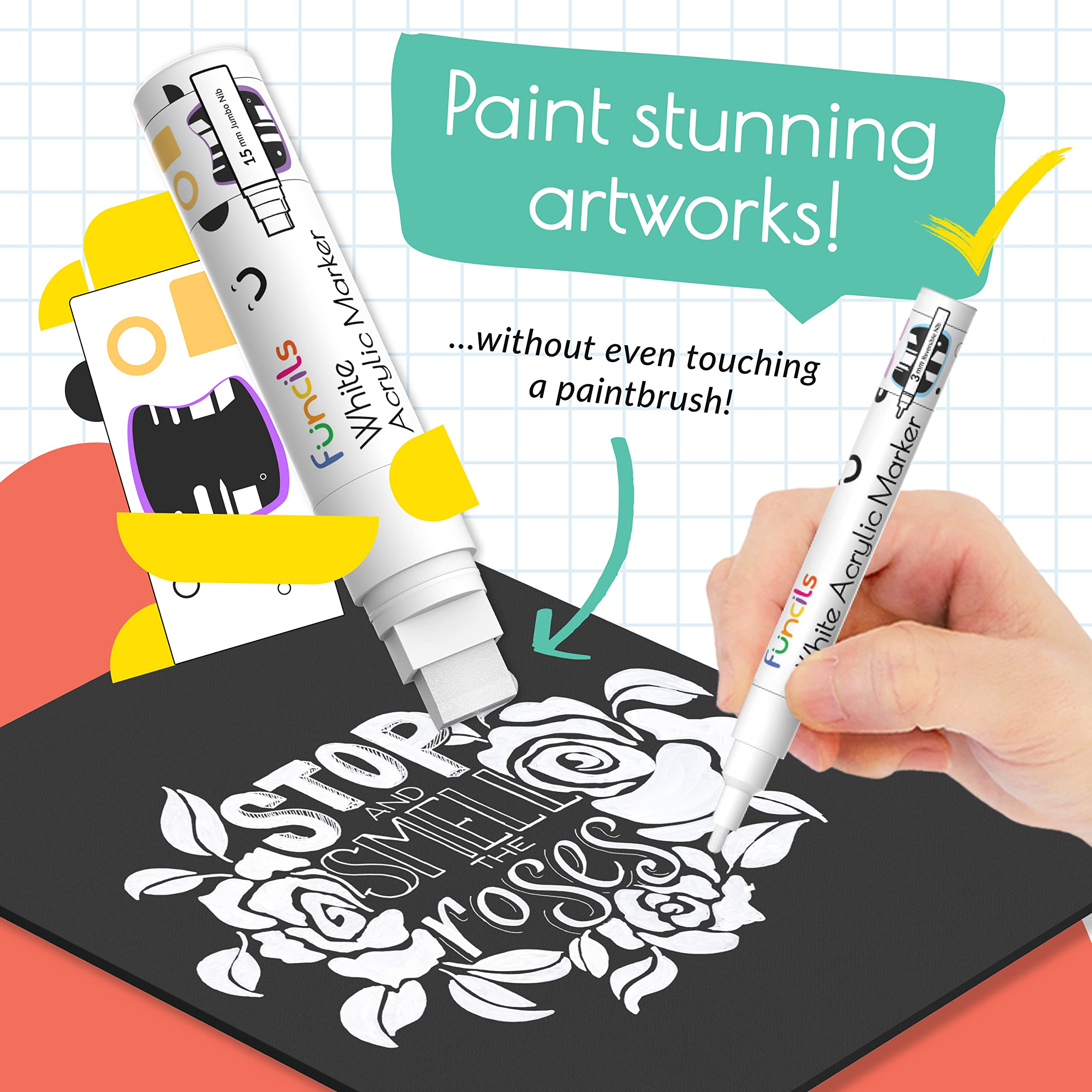 Funcils 5 Acrylic White Paint Pens - Fine & Jumbo Size Ink Pens (1mm, 3mm, 6mm, 10mm, 15mm) - Permanent White Marker Ink for Rock Painting, Fabric, Tire, Metal, Wood, Canvas, Glass, Plastic, Ceramic