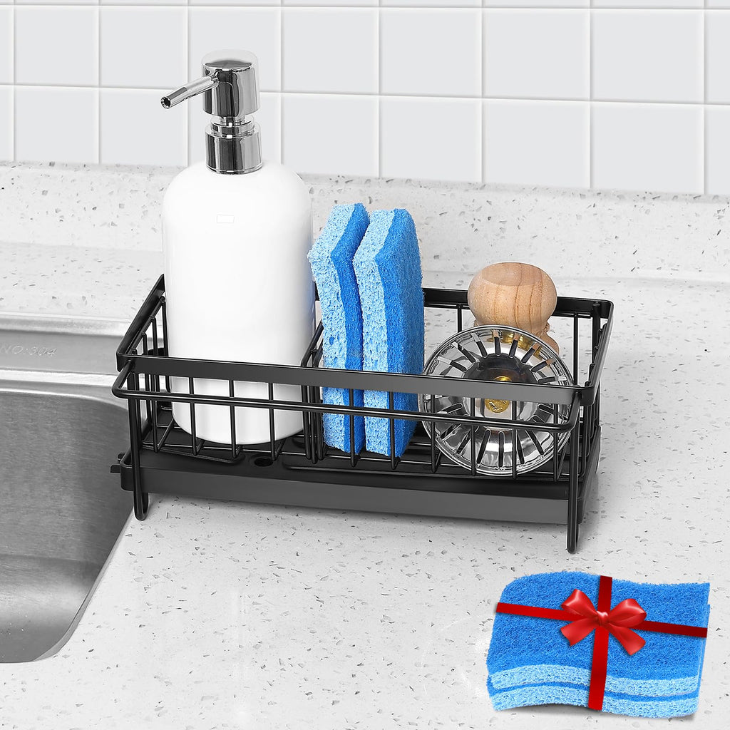 Cartilage Sponge Holder for Kitchen Sink Organizer, Kitchen Sink Caddy Storage with Dishrag Dishcloth Holder Rack,Rustproof 304 Stainless Steel Dish Sponge with Auto Draining Tray