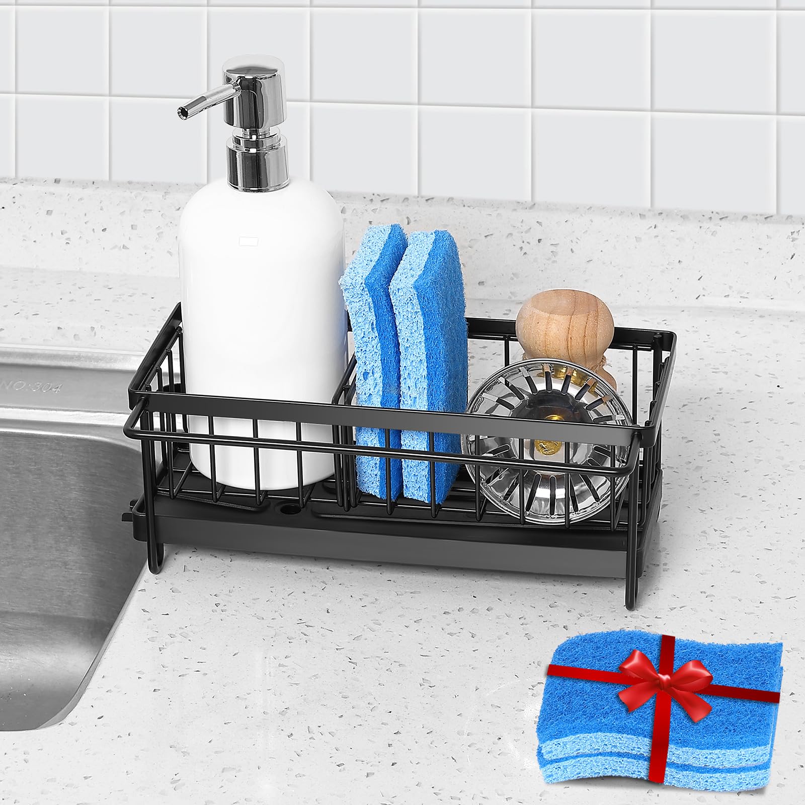 Cartilage Sponge Holder for Kitchen Sink Organizer, Kitchen Sink Caddy Storage with Dishrag Dishcloth Holder Rack,Rustproof 304 Stainless Steel Dish Sponge with Auto Draining Tray