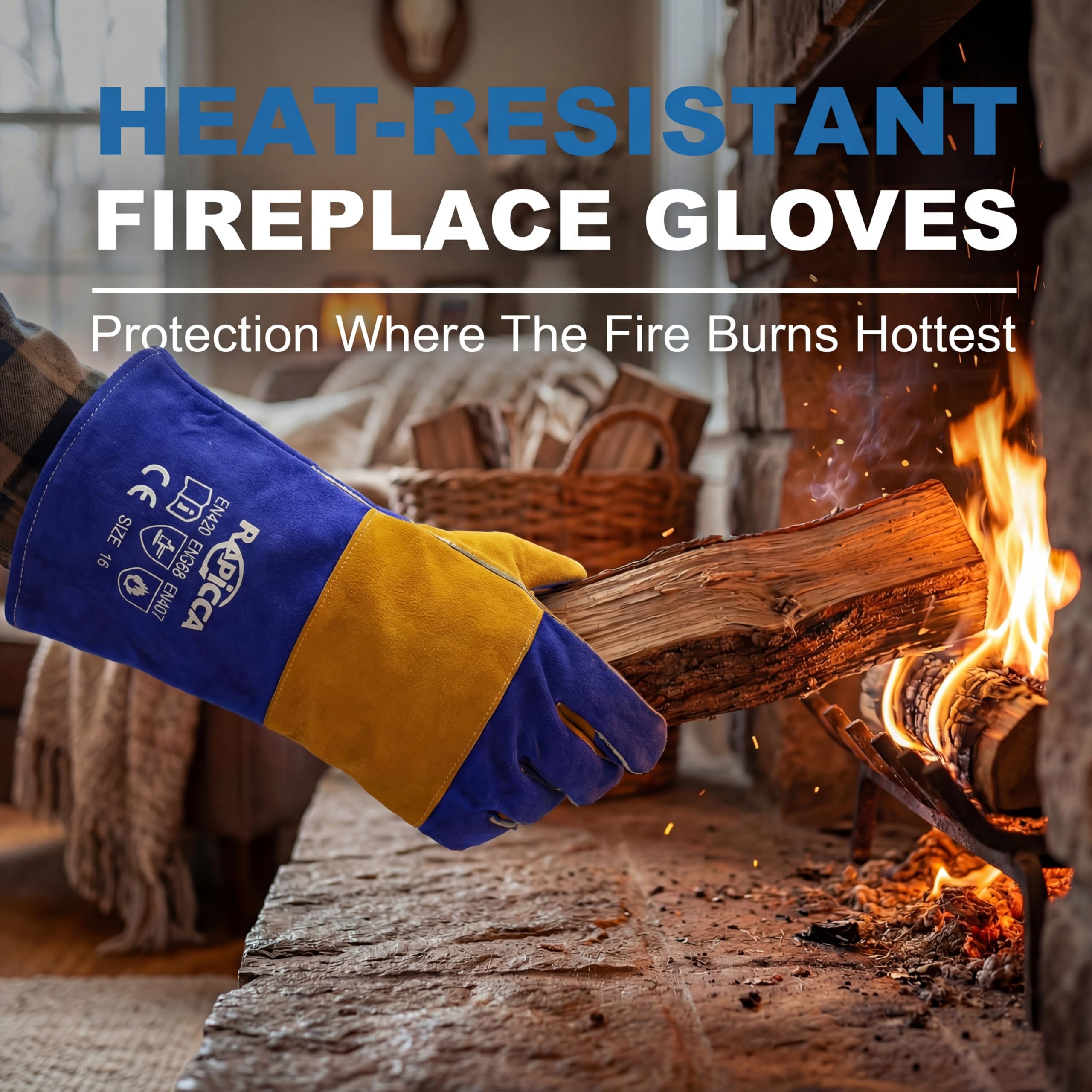 RAPICCA Welding Gloves Fire Heat Resistant: Fireproof Leather For Stick Mig Flux-Core Welder Forge Blacksmith Fireplace Wood Stove Fire Pit Furnace Handling Dry ice - One Size Blue 16IN 932℉