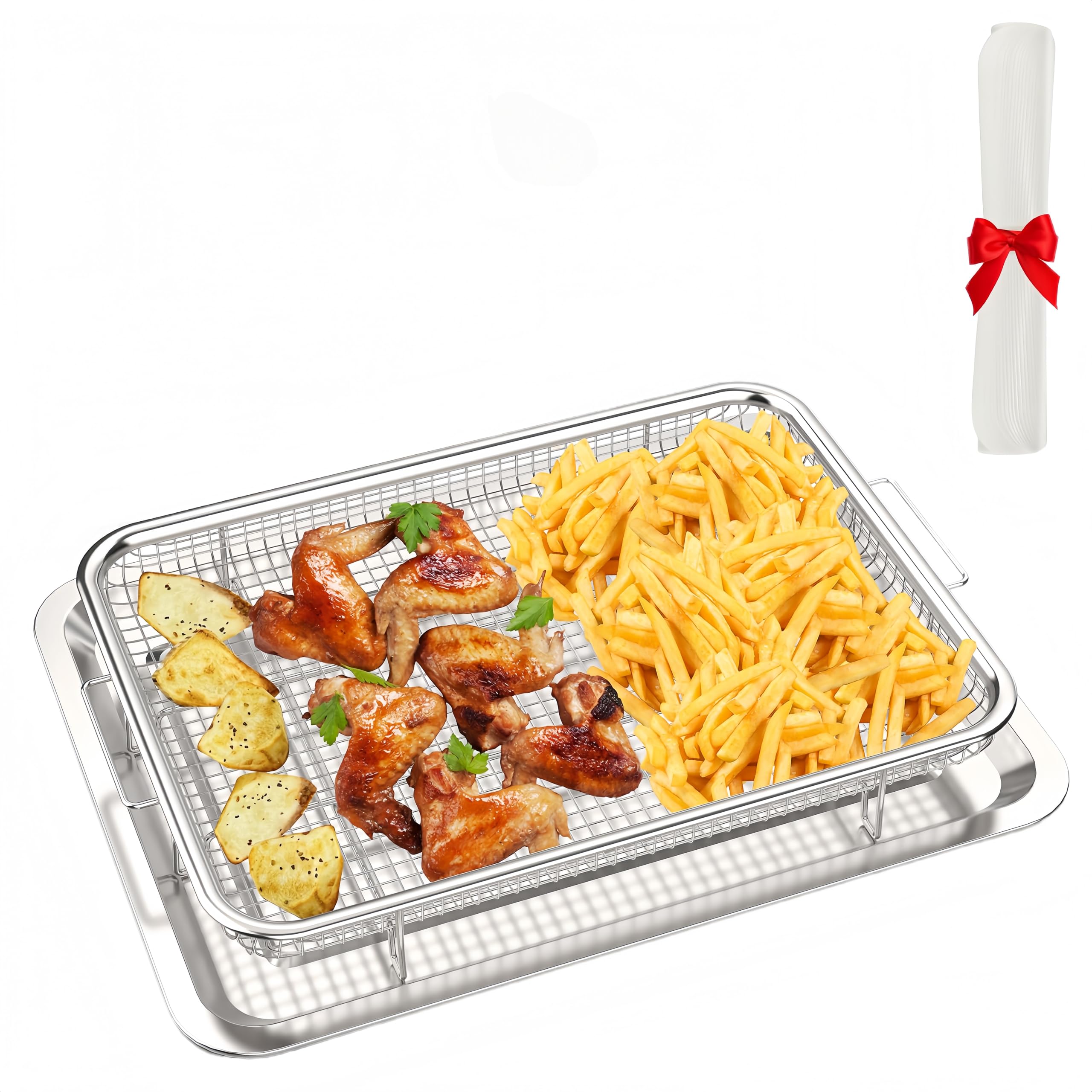 Krzaw Large Air Fryer Basket for Oven with 30 PCS Parchment Paper, Non-Stick Stainless Steel Crisper Tray and Pan Set for Baking Grilling Fries Bacon Chicken (15.6"X11.6")