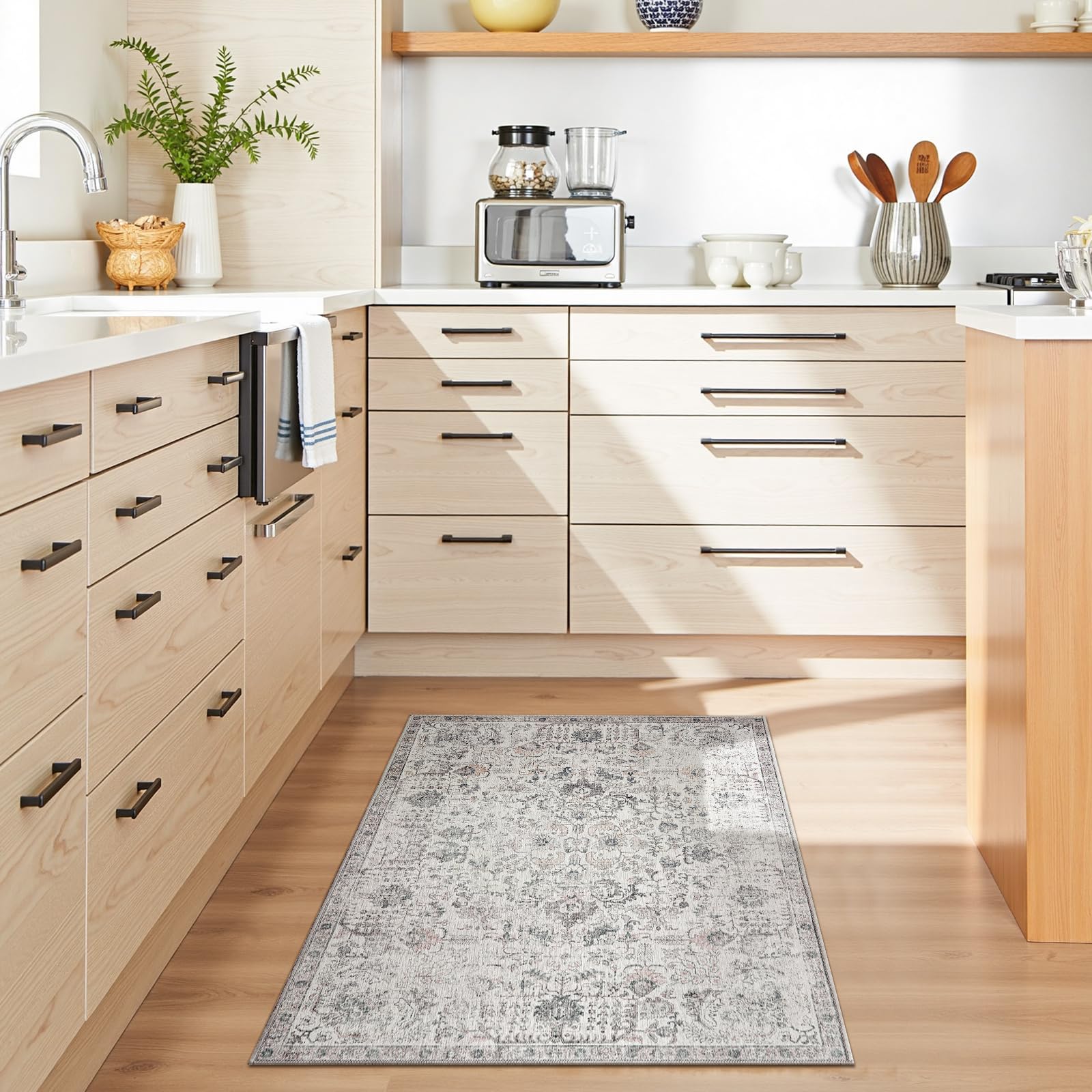 JINCHAN Area Rug 2x3 Entryway Rug Door Mat Vintage Indoor Entrance Flodable Washable Rug Retro Distressed Carpet Grey Multi Floral Print Gray Country Boho Rug Non Slip Doormat Bathroom Kitchen Bedroom