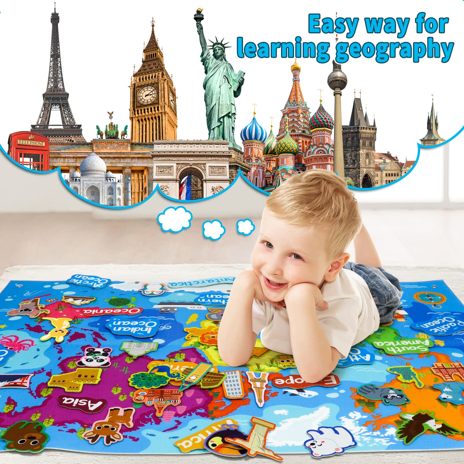 Taika 43x28 inch World Map Felt Board Set, World Map Felt Story, Inertactive Geography Flannel Board, Thicker Flannel Board Set, Preschool Learning Toy for 4+