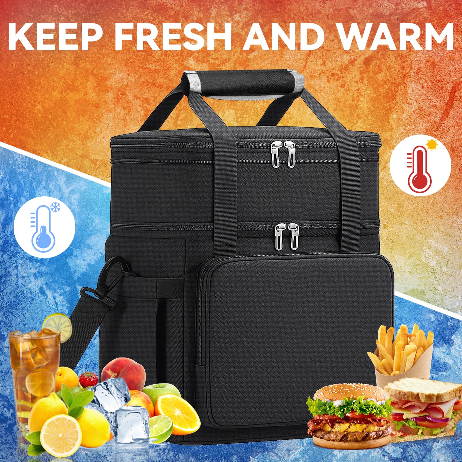LRCXL Expandable Lunch Bag for Men, Double Deck Large Insulated Lunch Box with Shoulder Strap, Leakproof Durable Cooler Bag for Work Outdoor Construction Picnic