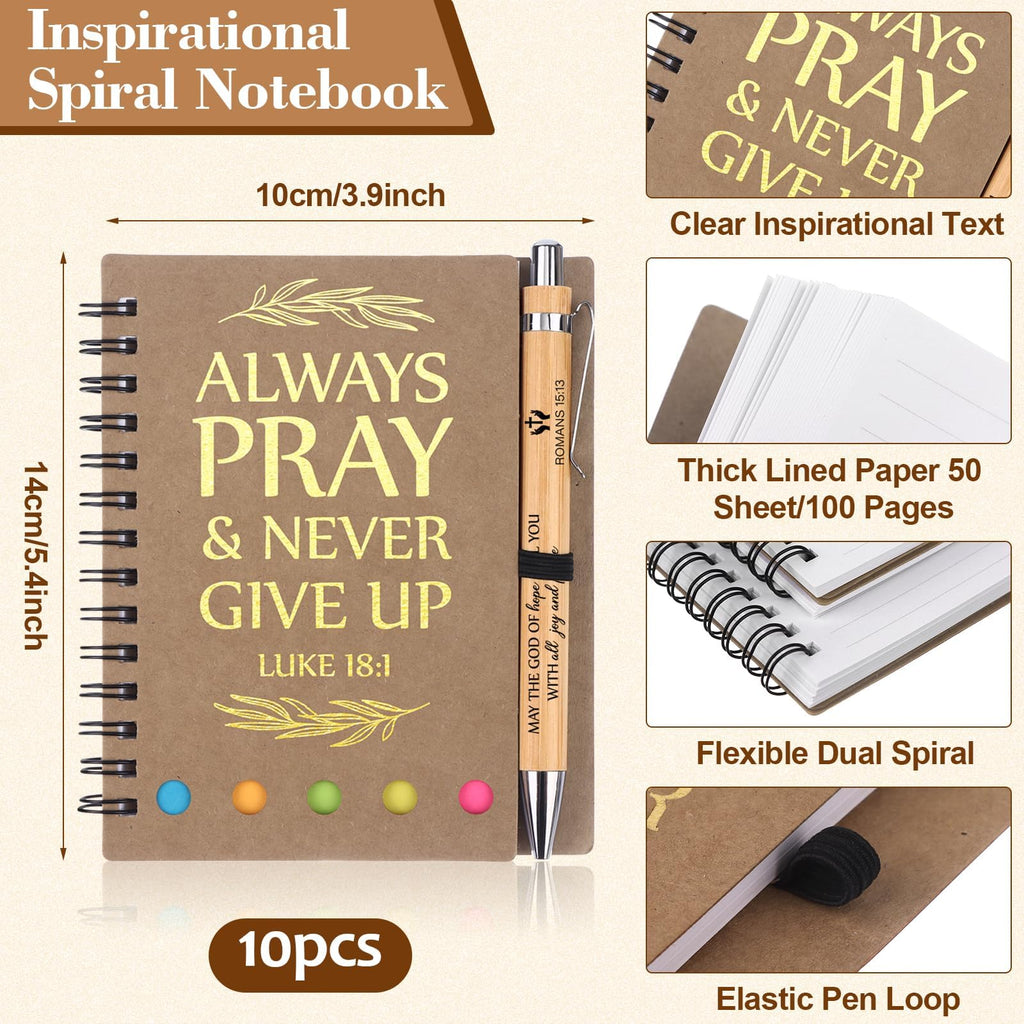 10 Set Christian Gifts Bulk Christian Spiral Notebooks Bible Verse Pens Religious Inspirational Scripture Pen for Men Women Office School Church Visitors Journal Religious Party Favors