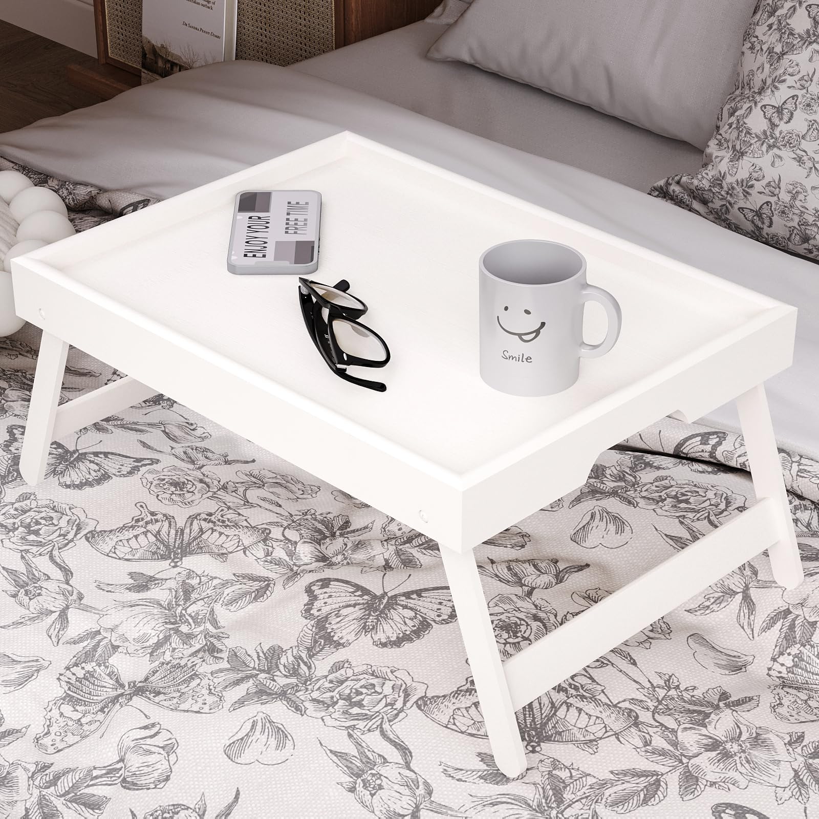 Bamboo Bed Table Tray with Foldable Legs, Large Breakfast Bed Tray with Handles for Food, Snack Small Laptop (White)