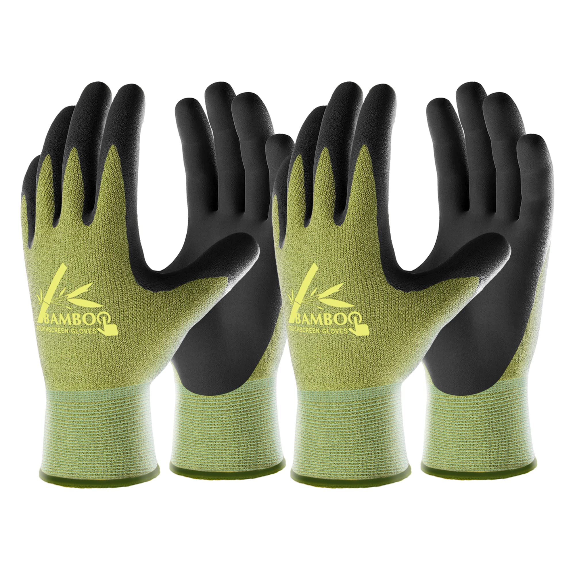 COOLJOB 2 Pairs Bamboo Gardening Work Gloves for Women and Men, Breathable Rubber Coated with Touch Screen, Non Slip Grip for Workers, Gardeners, Drivers, Green, Small