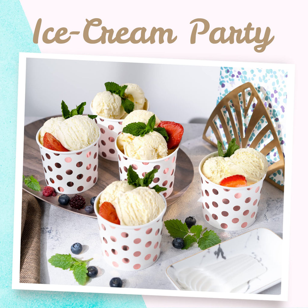 MATICAN Paper Ice Cream Cups - 100-Count 11-Oz Disposable Bowls with Rose Gold Foil Dots
