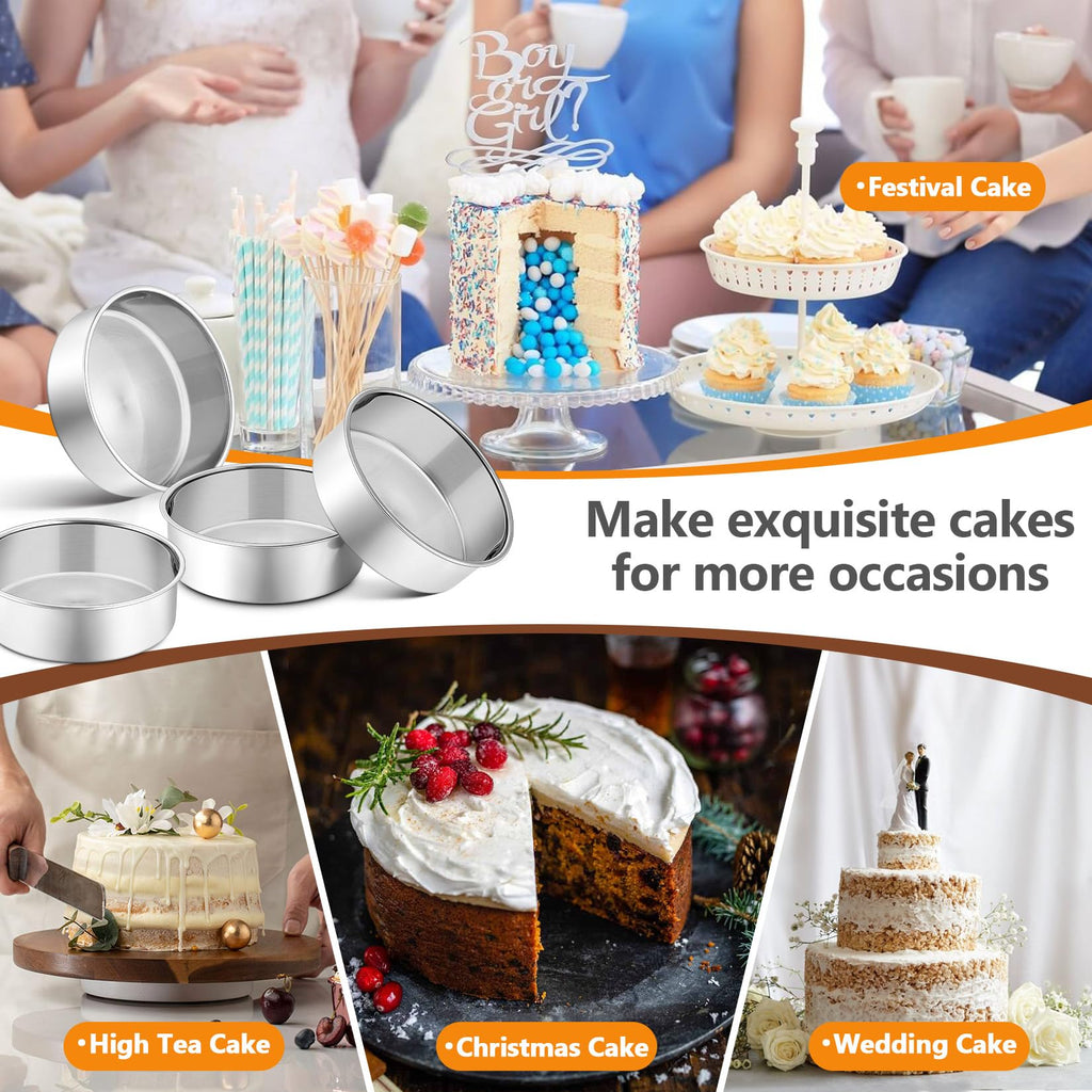P&P Chef 6 Inch Cake Pans Set of 4, Round Baking Pan, Stainless Steel Birthday Wedding Metal Layer Cake Pans, Non Toxic & Healthy, Mirror Polished & Dishwasher Safe