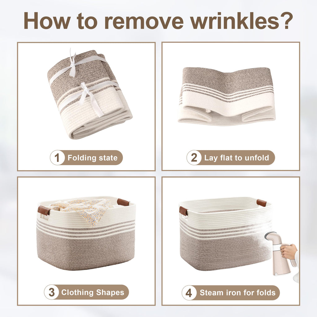 SunNewt 60L Large Laundry Basket with Leather Handles for Living Room Storage, Woven Rope Baskets Bin for Blanket, Kids Toy, Gifts, Wicker Hamper for Bedroom Dirty Clothes, 21"x15"x11" White Brown