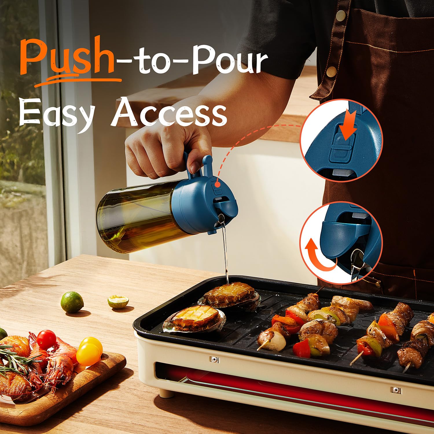 TrendPlain 470ml Olive Oil Dispenser Bottle for Kitchen Gadgets - 2 in 1 Dispenser and Sprayer - Olive Oil Spray Bottle w/Stickers (Light Blockage) - BPA Free - Black&Navy