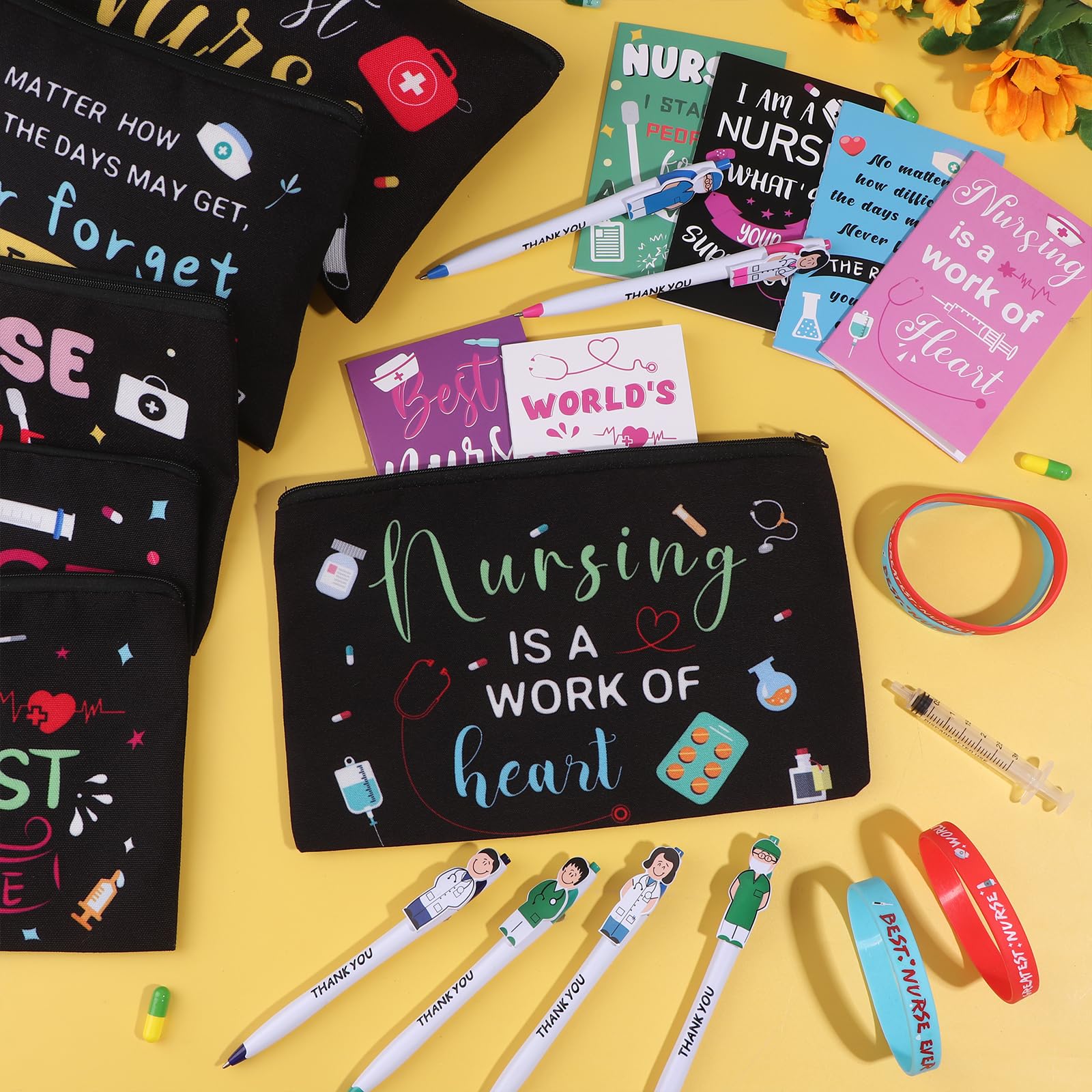 24 Pcs Nurse Appreciation Gifts Bulk Nursing Week Gifts Inspirational Notebooks Nurses Pens Makeup Bags Bracelets 2026 Nurse Week Gift Thank You Gifts for Nurses Doctor Medical Staff Nursing Students