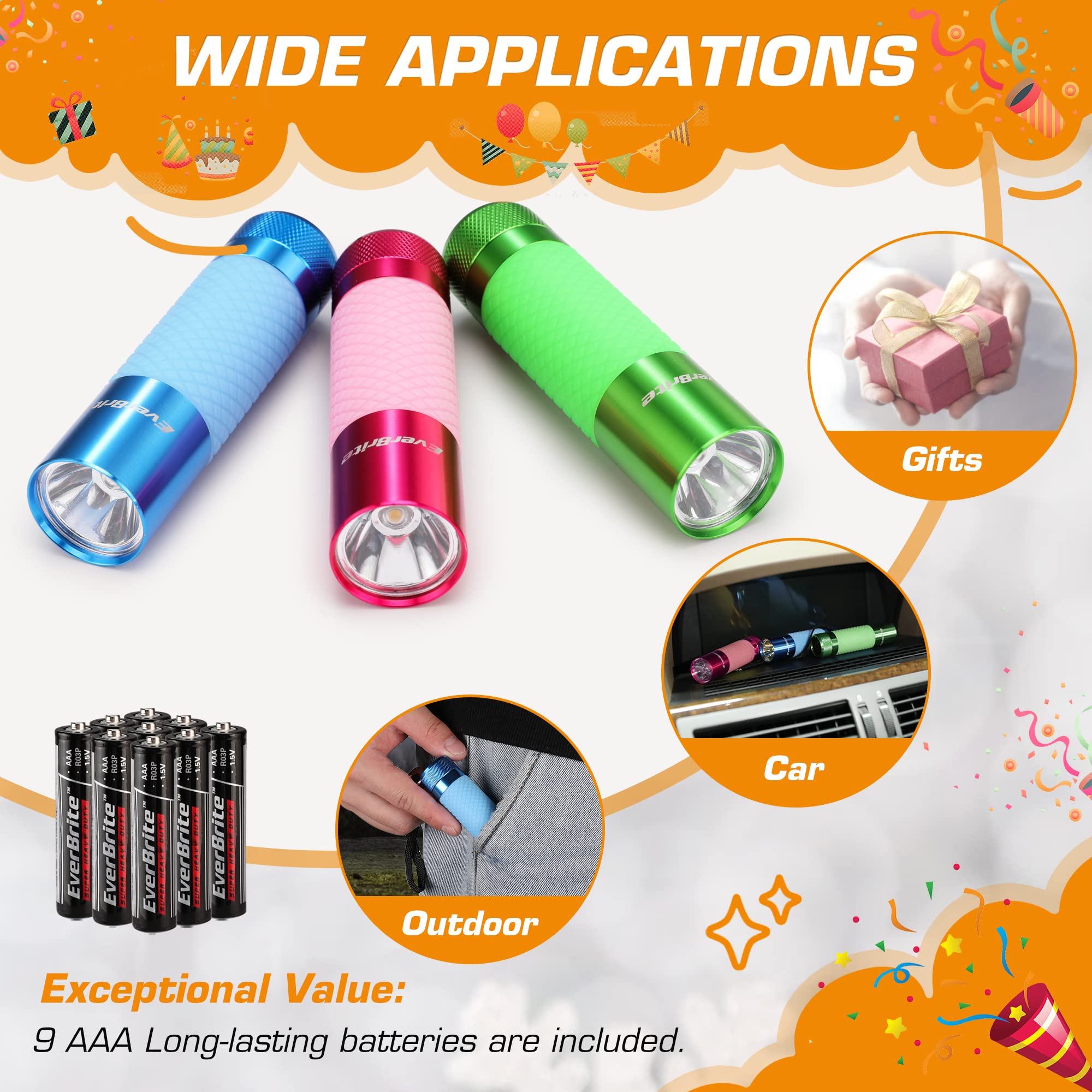 EverBrite 3-Pack Mini Flashlights, Glow in Dark Flashlights, Aluminum LED Flashlights Party Favors Assorted Colors for Camping, Hiking, Outdoor, 9AAA Batteries Included
