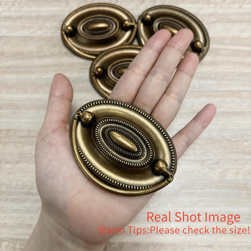 Quluxe 4 Pcs Furniture Dresser Pull Antique Brass Bail Drawer Pull Oval Drop Swing Handles Cabinet Knob Hardware 2.32" Hole Distance, 3.14"x2.2"