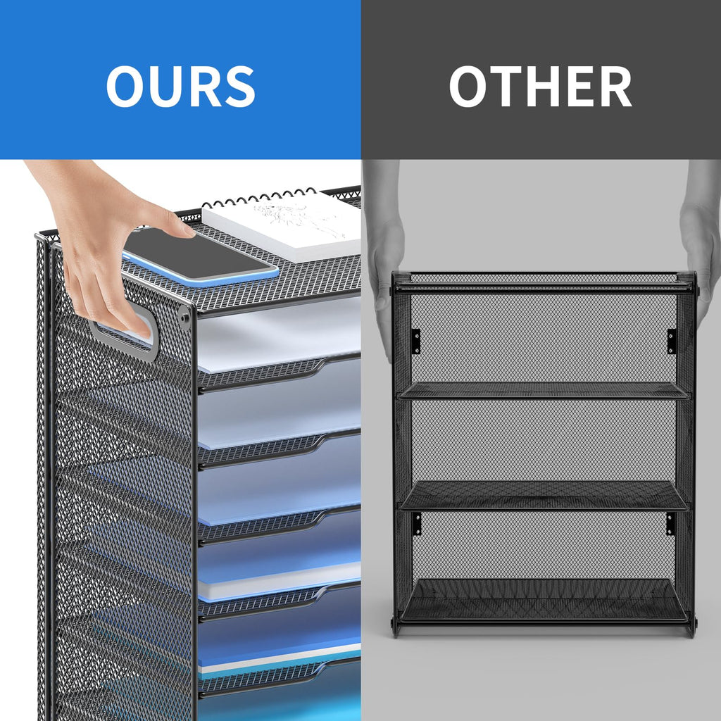 8-Tier Paper Organizer Letter Tray with Handle,OutWolf Mesh Desk File Document Organizer with 8 Tier Shelves and Sorter, Black