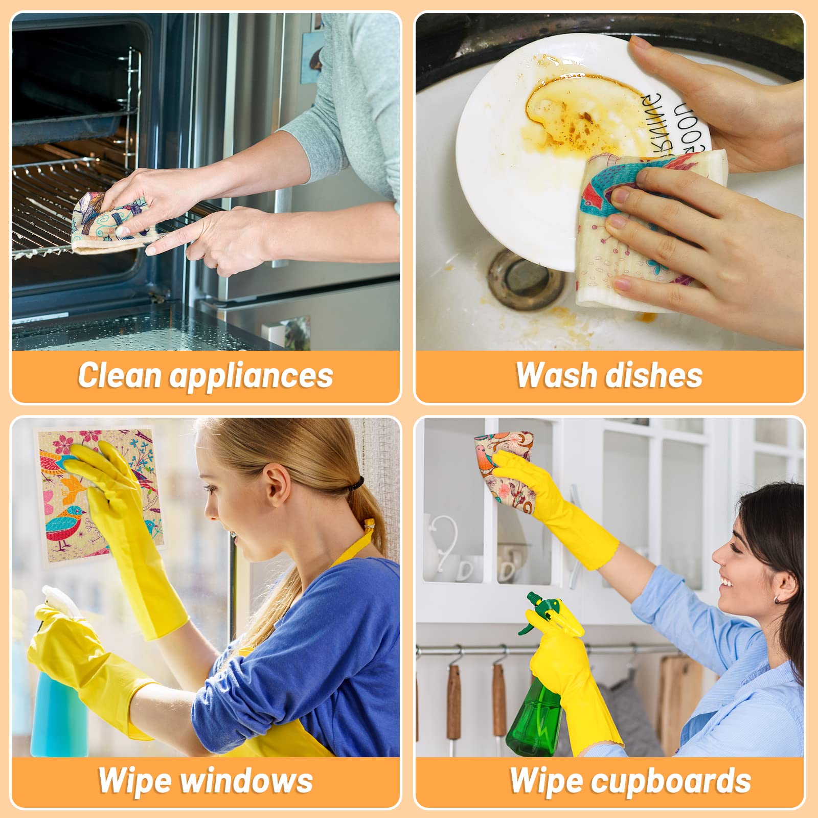 Lucomb 8 Pack Swedish Dishcloths for Kitchen, Reusable Soft Kitchen Towels Swedish Dish Cloths Set Absorbent Sponge Cleaning Cloths Washable Quick Drying for Kitchen Bar Hand Washing (Birds Flowers)