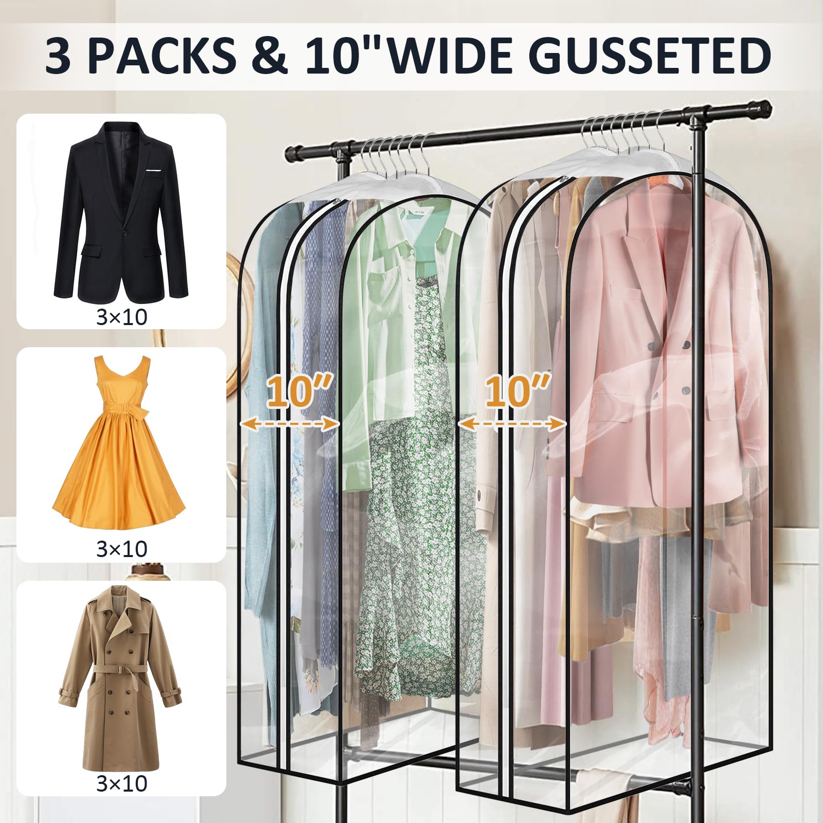 ZAODECR 10" Gusseted All Clear Garment Bags for Hanging Clothes 40" Suit Bags for Closet Storage Hanging Clothes Storage Bags for Shirts, Coats, Dresses