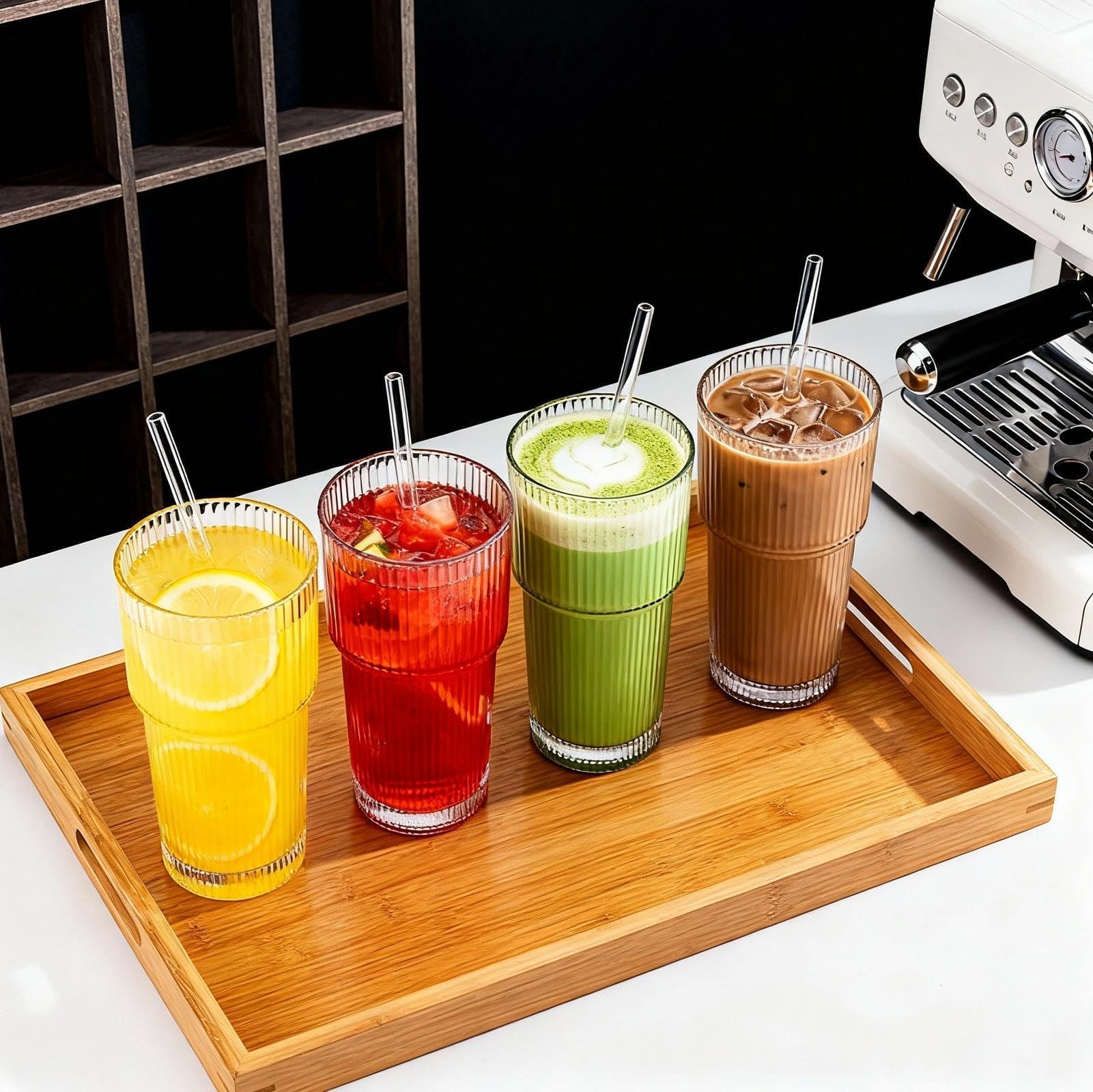 Ribbed Glass Tumbler with Lid and Straws, Resuable Ice Coffee Cups, to Go Drinking Glasses for Water, Smoothie, Matcha, Iced Tea Fruit Juice, Hot and Cold Beverages, Clear, 20oz, Set of 2