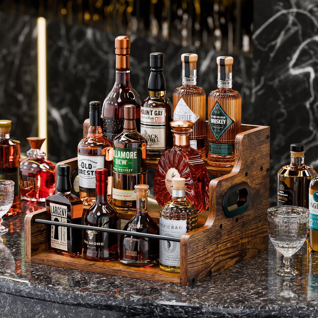 KLM Liquor Bottle Display Shelf, Coffee Syrup Rack Organizer, 3 Step Countertop Wine Rack, Mini Bar, Retro Bar Shelf Stand for Whiskey, Spirits