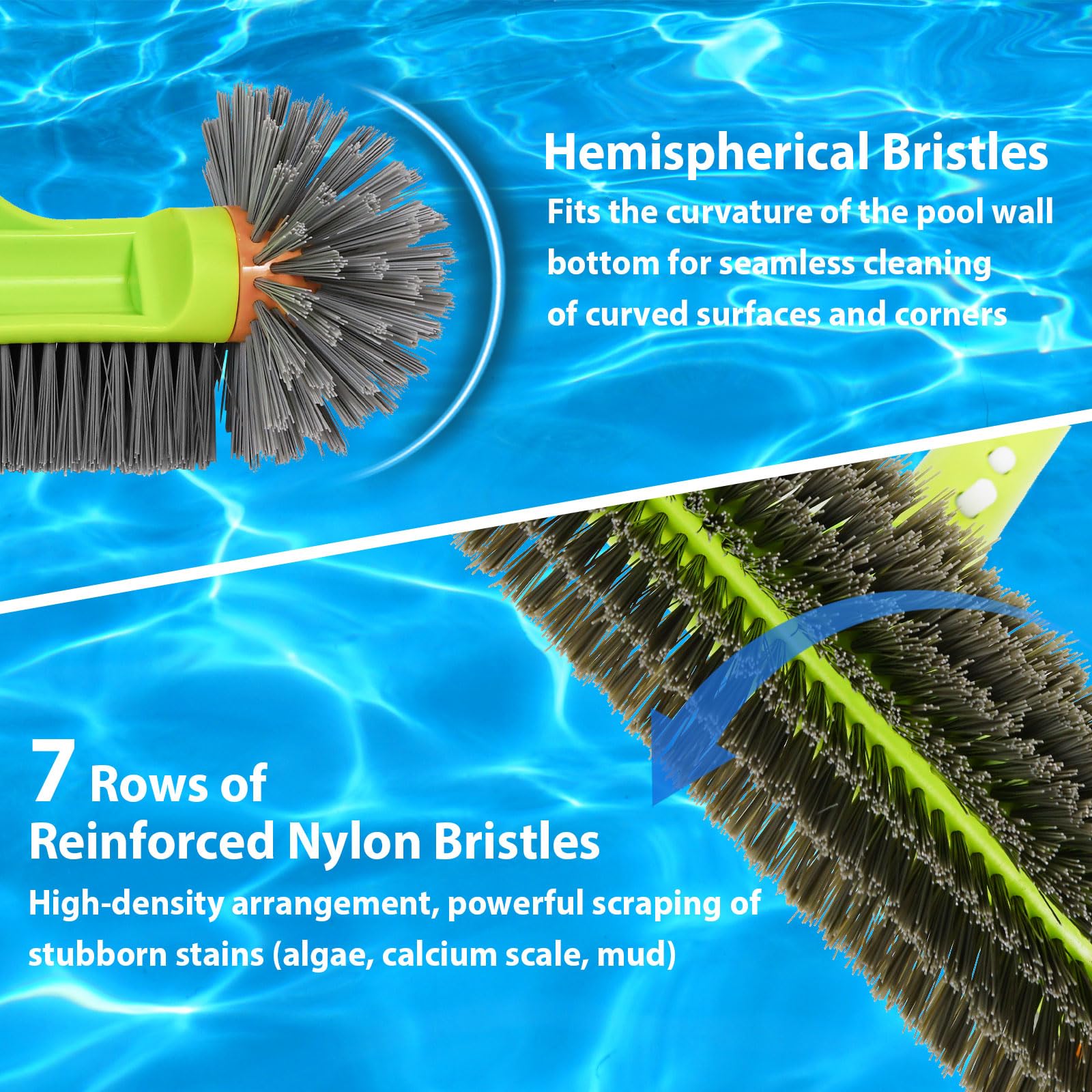 Pool Brush with Round End Brush Head, 7 Rows 13" Pool Brush with Aluminum Handle for Swimming Pool Walls, Tiles Floors, Spa, Hot Tub, Steps, Corners, Inground & Above Ground Pool Accessories