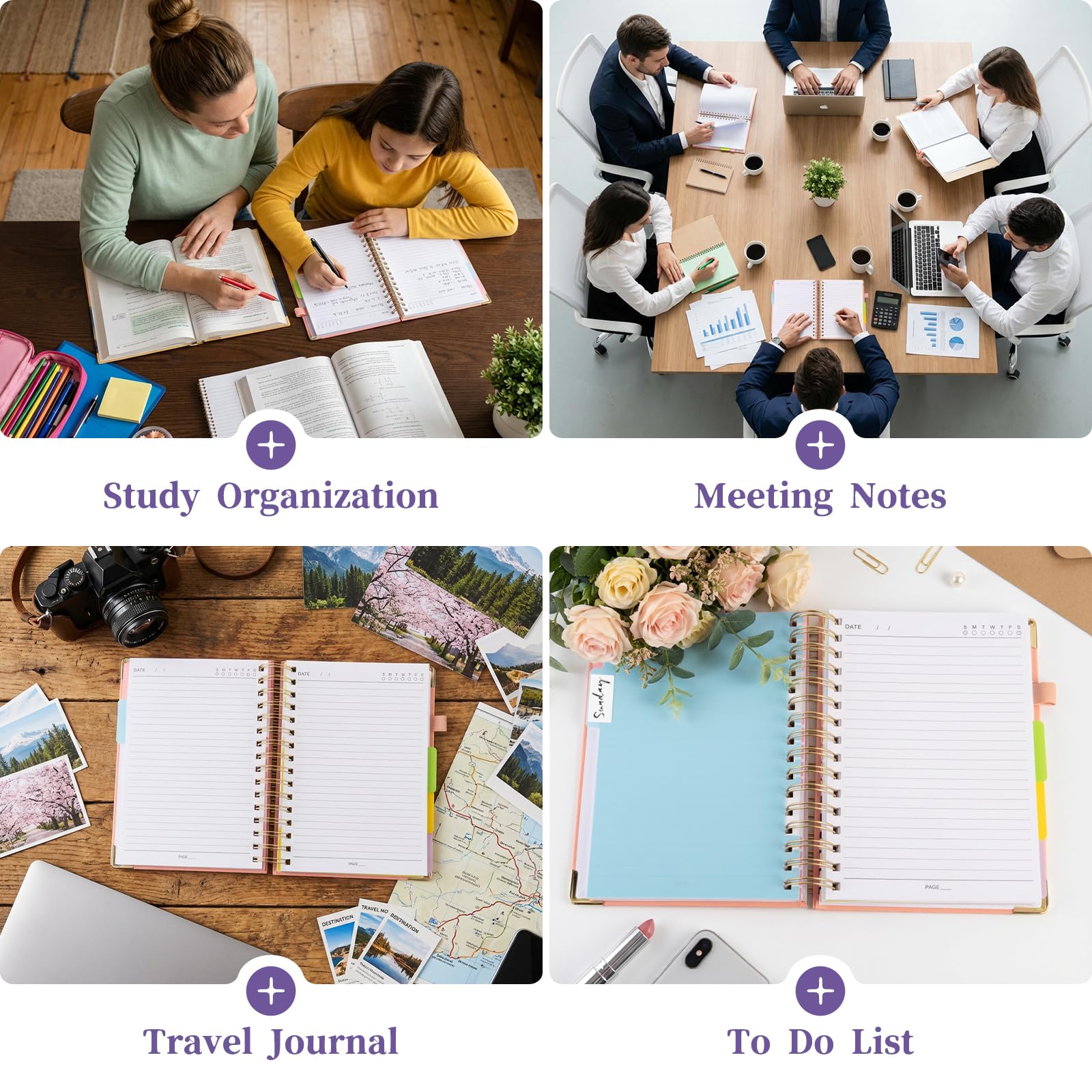 Lined Spiral Journal Notebook, 300 Numbered Pages A5 Size 5 Subject Notebooks College Ruled with Tabs and Removable Dividers, 100GSM Thick Spiral Ruled Lined Writing Journal, Hardcover Leather Notebook for Work, School (Purple)