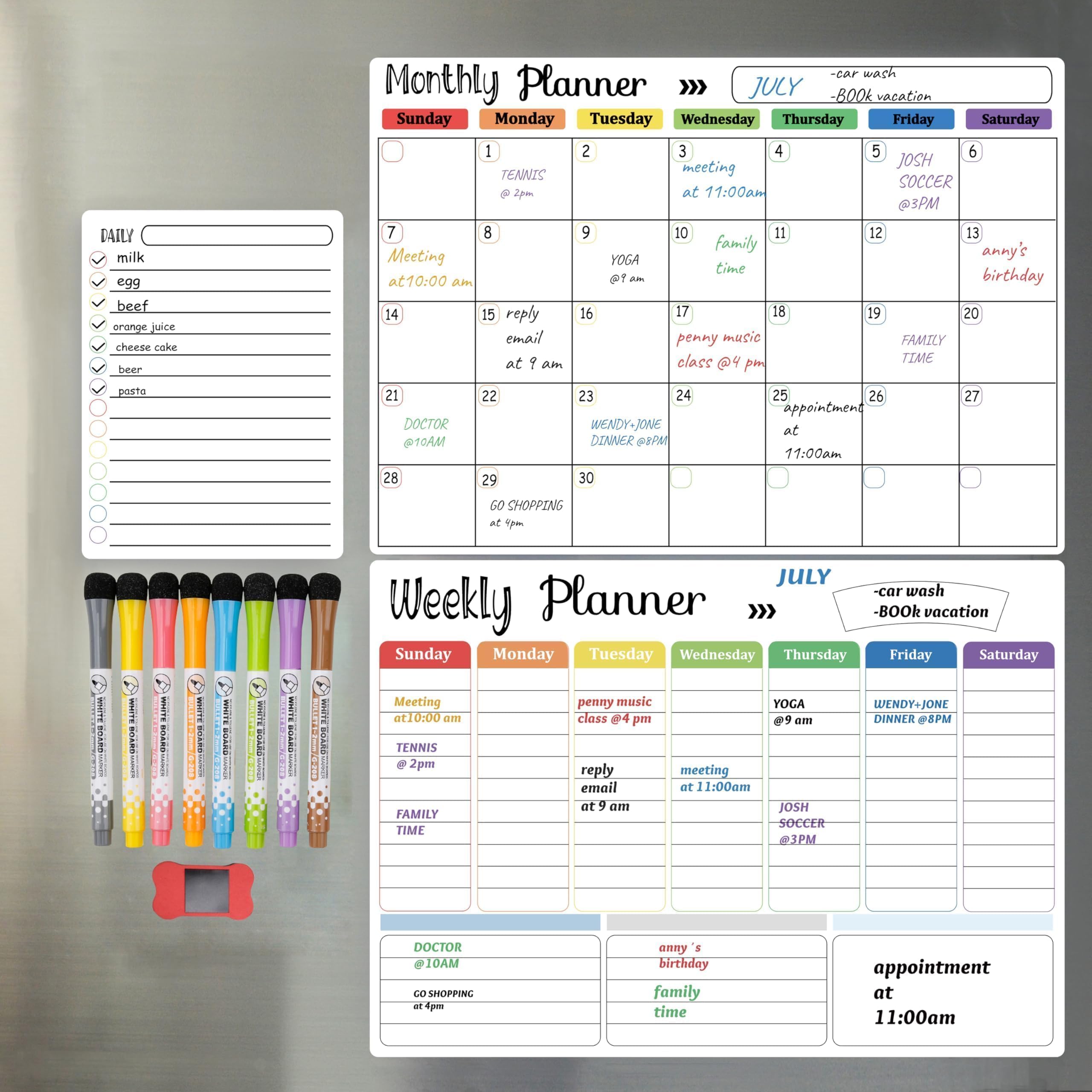 Hivillexun Magnetic Dry Erase Calendar Whiteboard Set (3-Pack) for Fridge, Wall, and Home Organization with Monthly, Weekly & Daily Planners, Includes 8 Markers & 1 Eraser