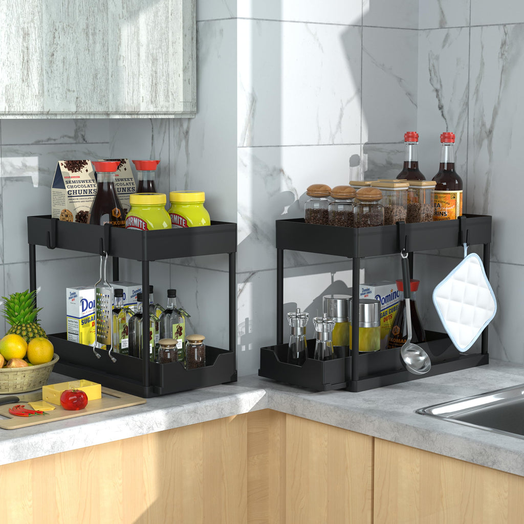 2-PACK Under Sink Organizers and Storage with Sliding Drawer, 2-Tier Bathroom Under Sink Shelf Rack,Multi-Functional Cabinet Storage Space Saver For Kitchen/Bathroom/Bedroom/Office.