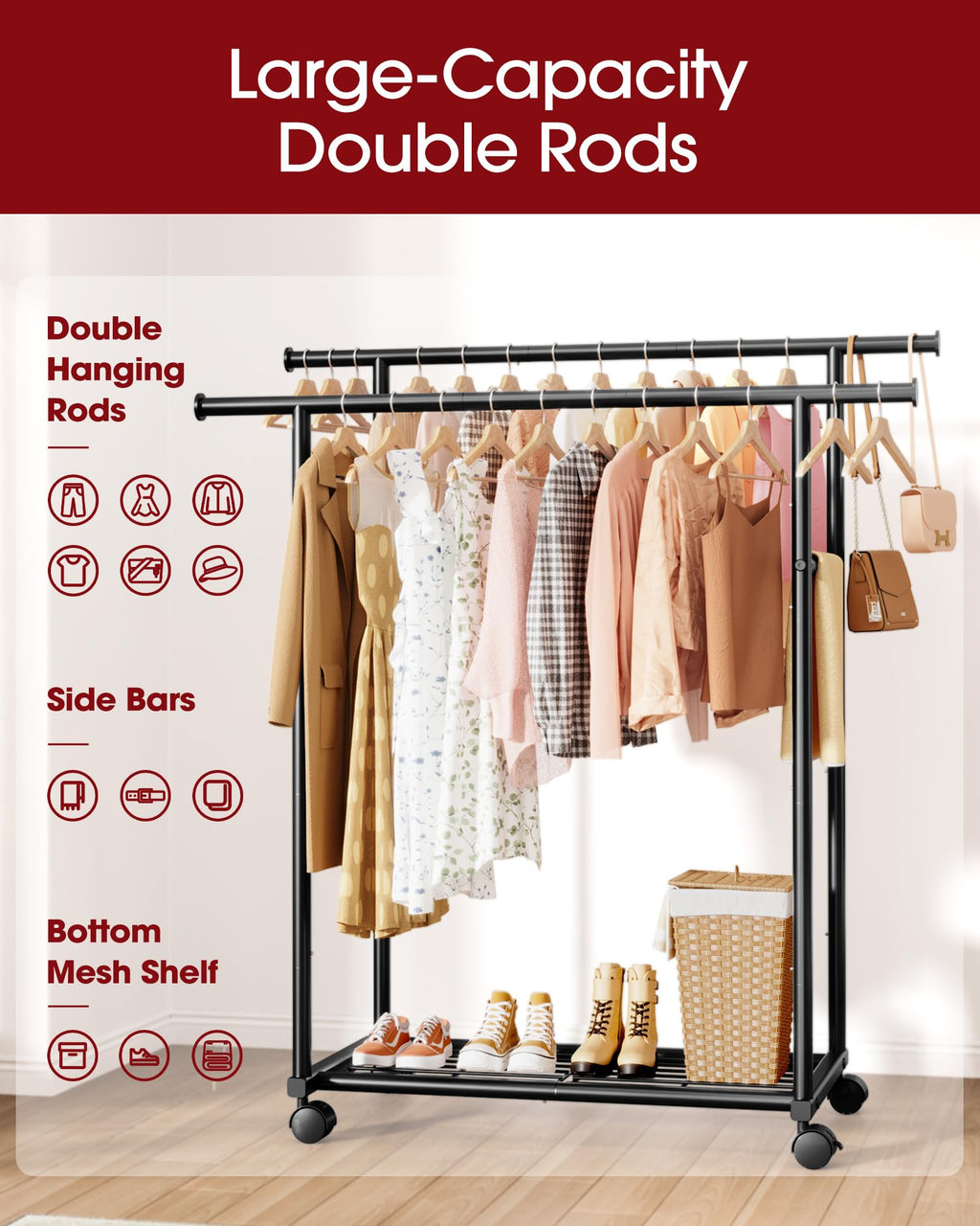 Sakugi Clothing Rack - Double Rod Coat Rack with Fixed Extension Bar, Built-In Mesh Shelf & Lockable Wheels, Multi-Purpose Clothes Rack for Bedroom, Laundry, Entryway, 98cm x 42cm x 150cm, Black