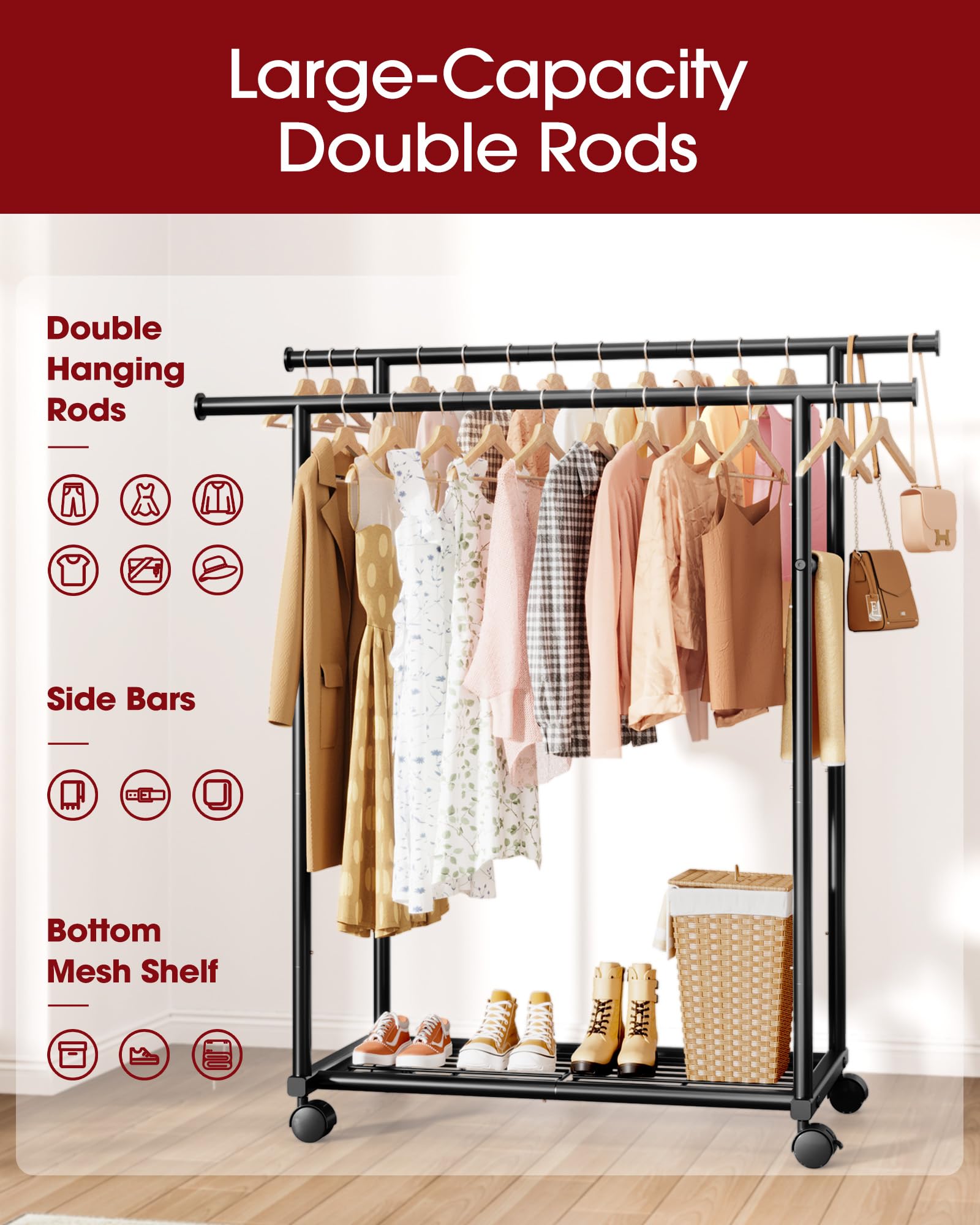 Sakugi Clothing Rack - Double Rod Coat Rack with Fixed Extension Bar, Built-In Mesh Shelf & Lockable Wheels, Multi-Purpose Clothes Rack for Bedroom, Laundry, Entryway, 98cm x 42cm x 150cm, Black
