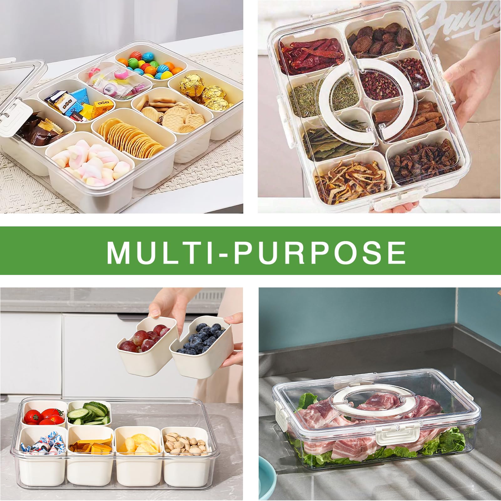 shopwithgreen 8 Compartment Snack Box Container, Divided Serving Tray with Lid and Handle, Portable Snackle Box for Veggies, Fruit, Nuts, Candy (2 Pack)