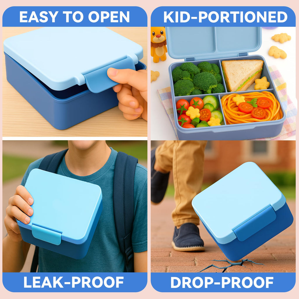 Bento Lunch Box for Kids with Carry Handle & Bento Box Bag, Leak-Proof 4-Compartments Lunch Box with 12oz Soup Jar and Cutlery, with Custom Dividers,Drop-Proof, Microwave and Dishwasher Safe (Blue)