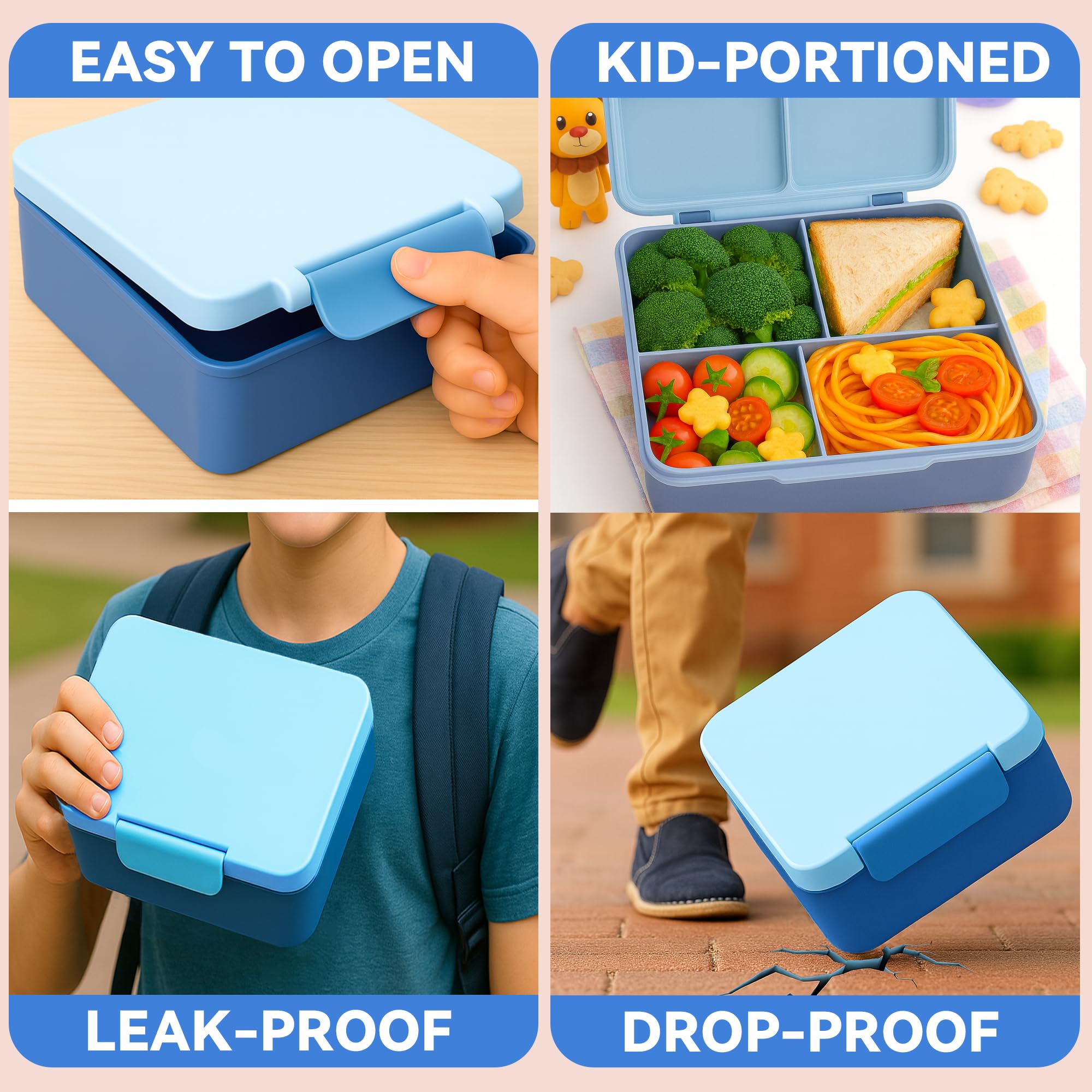 Bento Lunch Box for Kids with Carry Handle & Bento Box Bag, Leak-Proof 4-Compartments Lunch Box with 12oz Soup Jar and Cutlery, with Custom Dividers,Drop-Proof, Microwave and Dishwasher Safe (Blue)