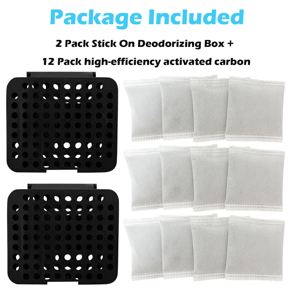 2 Pack Stick On Deodorizing Box, 12 Pack Odor Removing Refills for Trash Can, Activated Charcoal Odor Eliminator for Indoor Kitchen Trash/Diaper Pails/Wardrobe/Shoe Cabinet (Black)