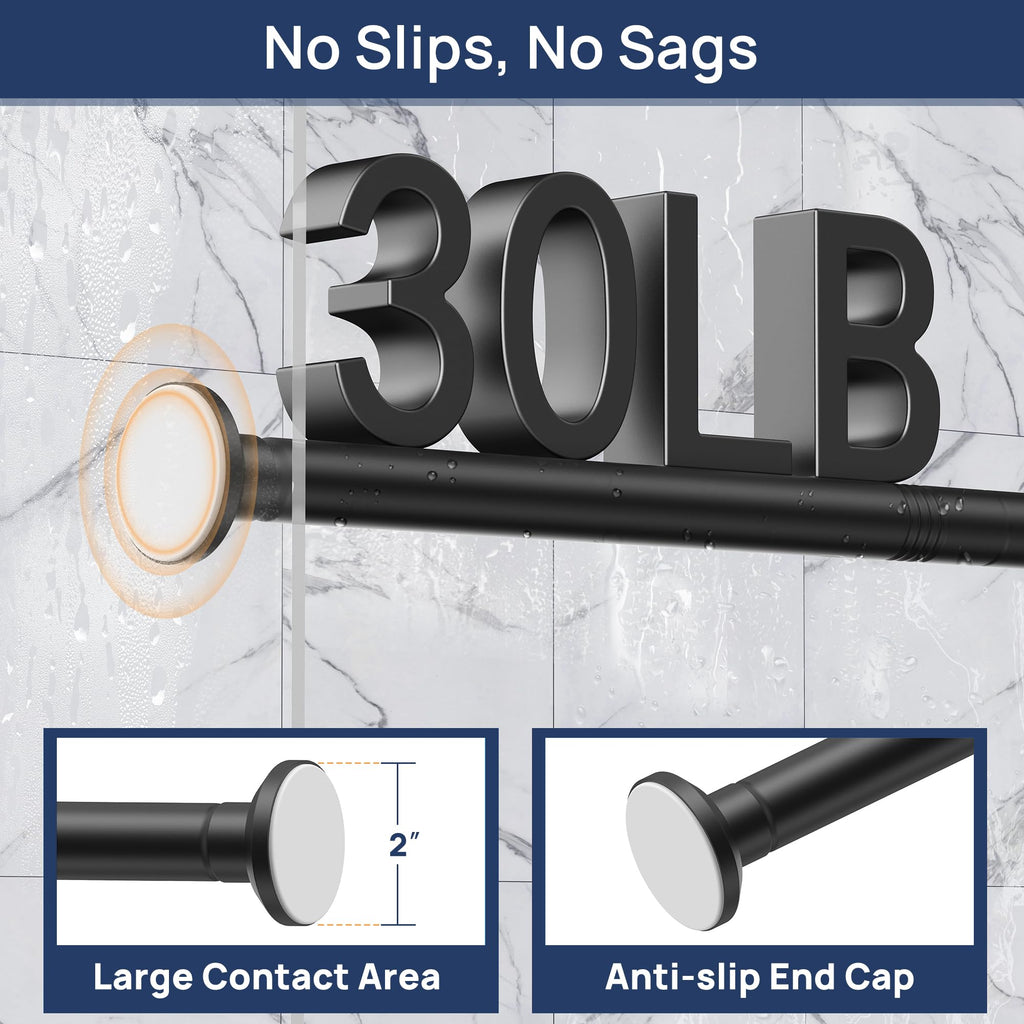 Matte Black Shower Curtain Rod Tension 30 to 76 Inches Never Rust Non-Slip Spring Tension Shower Rod No Drilling Stainless Steel Curtain Pole Use Bathroom, Closet, Window, Room Divider