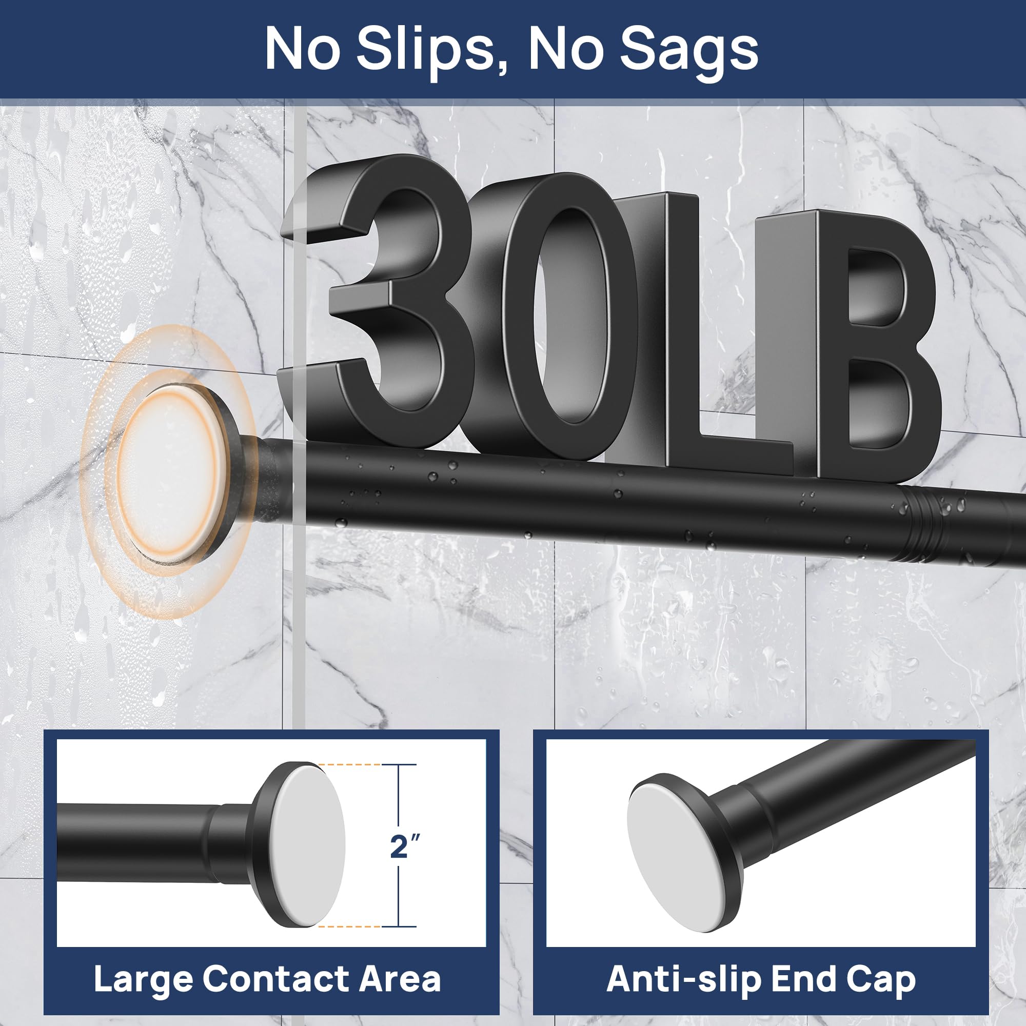 Matte Black Shower Curtain Rod Tension 30 to 76 Inches Never Rust Non-Slip Spring Tension Shower Rod No Drilling Stainless Steel Curtain Pole Use Bathroom, Closet, Window, Room Divider