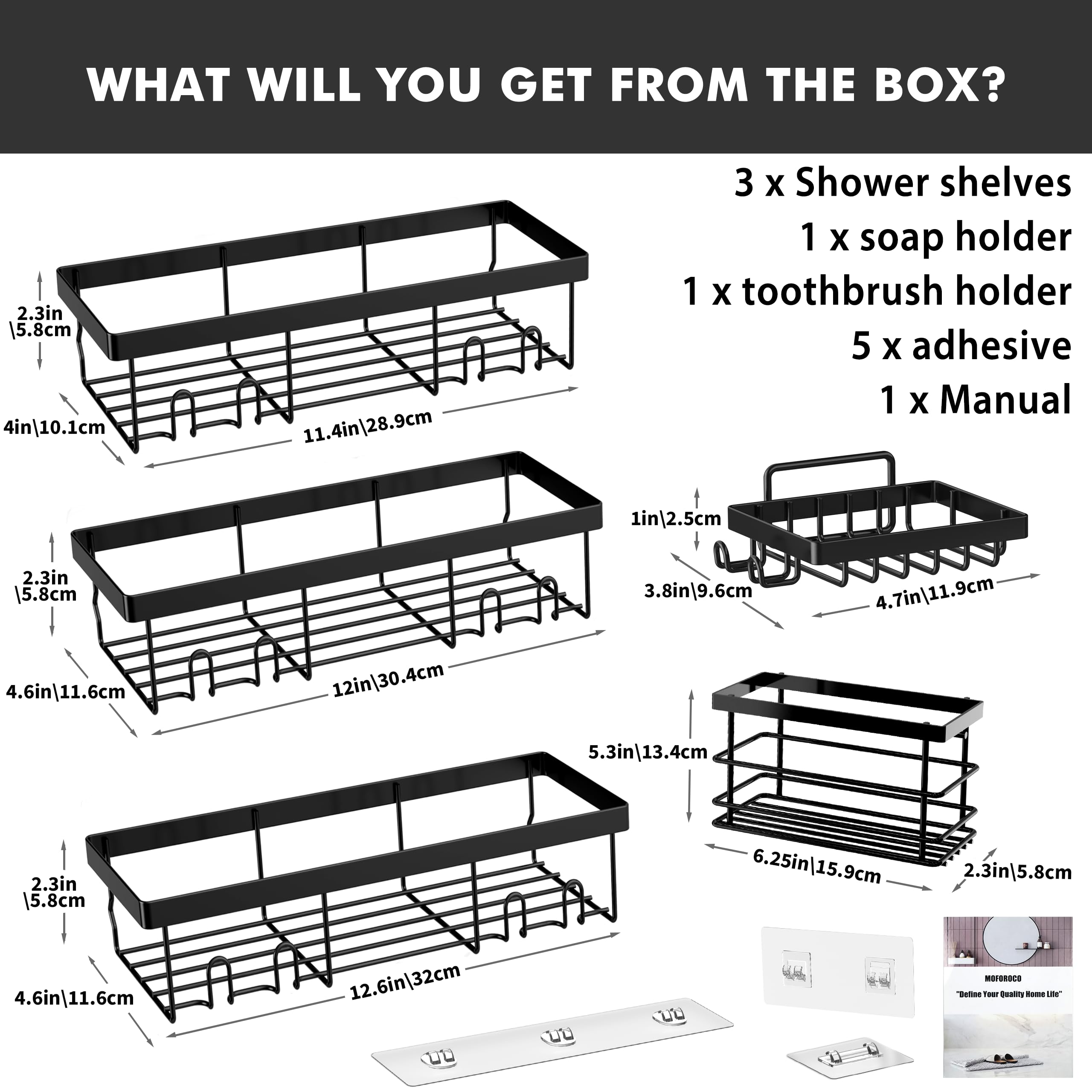 Moforoco Shower Caddy Shelf Organizer Rack, Self Adhesive Black Bathroom Shelves Basket, Home Farmhouse Wall Shower Inside Organization and Storage Decor Rv Accessories, First Apartment Essentials