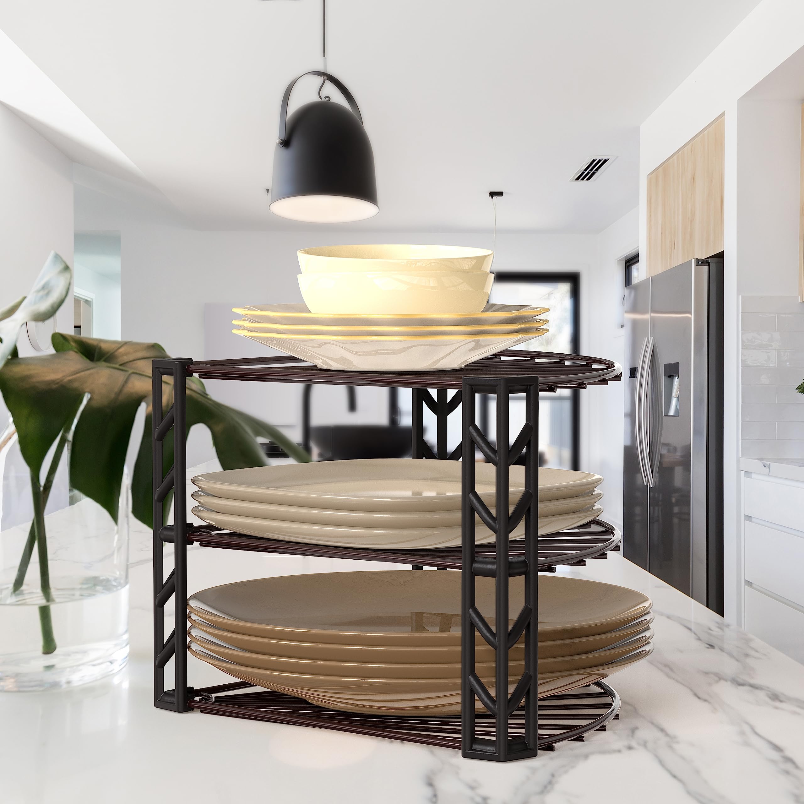 Simple Houseware 3-Tier Corner Shelf Plate Rack for Counter and Cabinet Organizer, Bronze