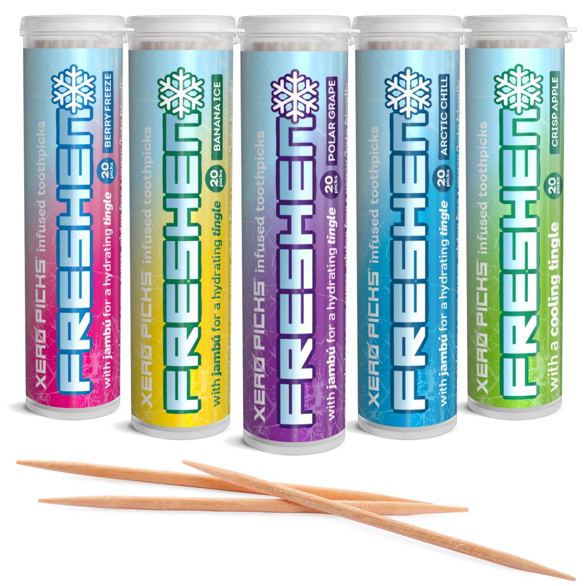 Xero Picks Freshen - Infused Flavored Toothpicks - Cooling Fresh Breath - 100 Picks | 20 per tube - 5 Pack - Variety