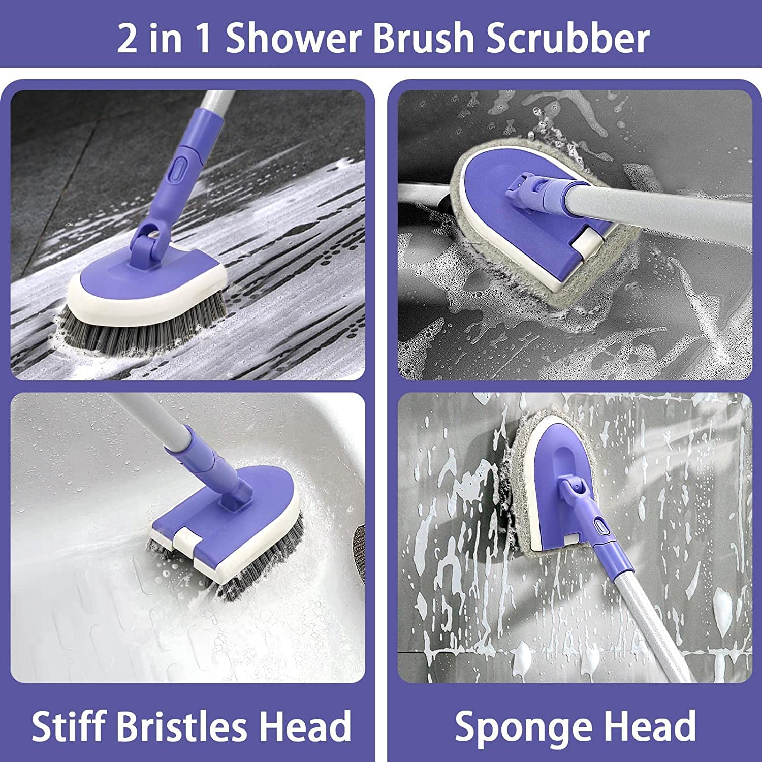 TRENNCHI Shower Scrubber Cleaning Brush with 46.8 Inches Long Handle, Tile and Tub Scrub Brush with 2 PCS Replacement, Shower Cleaner Brush for Bathtub, Bathroom, Wall, Kitchen, Floor