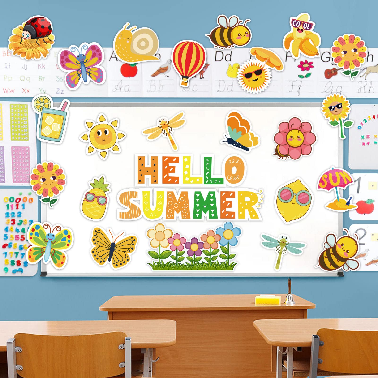 48Pcs Hello Summer Cut-Outs Summer Flower Cut Outs with 90Pcs Glue Points Colorful Paper Patterned Cut-Outs Bulletin Board Decoration for School Classroom Game Party Supplies
