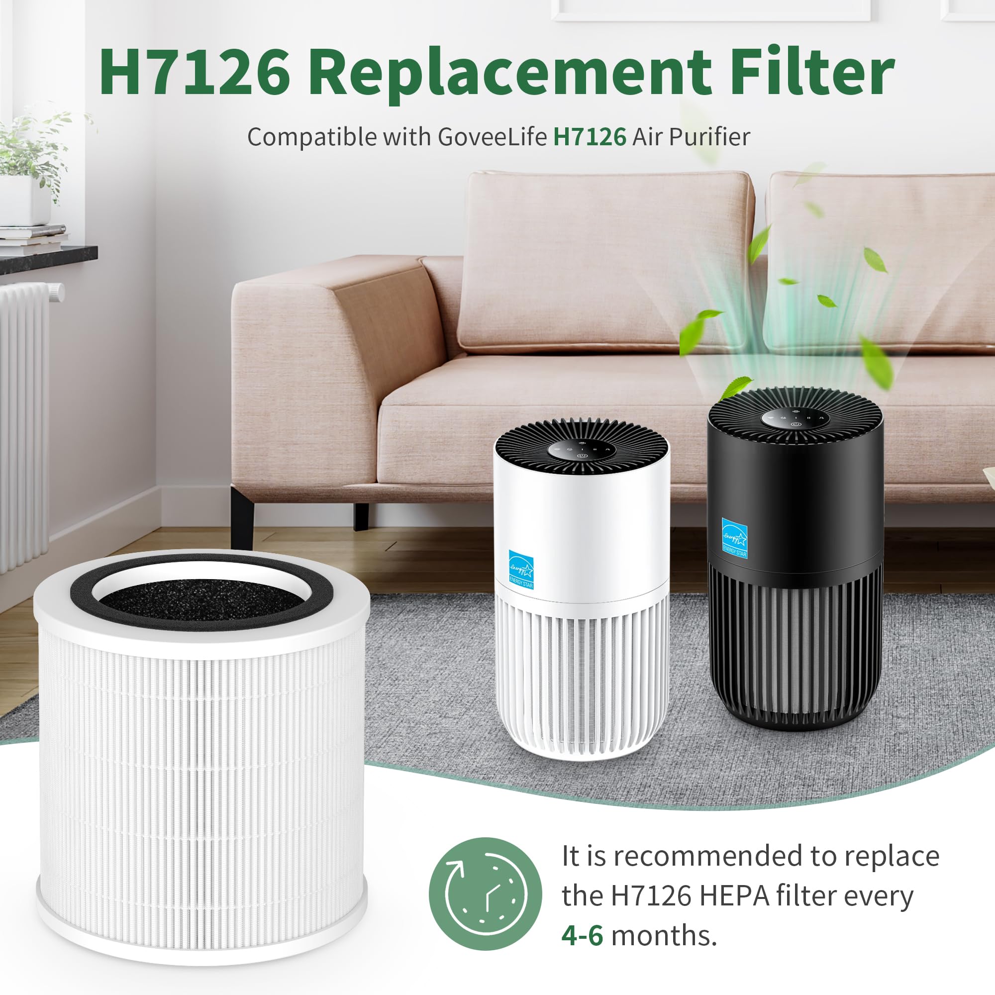 2 Pack H7126 Replacement Filter for GoveeLife H7126 Mini Air Purifier, 3-in-1 High-Efficiency Air Filter, Replace Part #H7126-RF