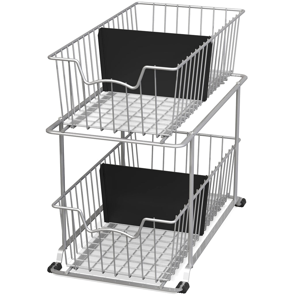 Simple Houseware 2 Tier Pull Out Cabinet Wire Basket Drawer Organizer for Under Sink, Kitchen, and Bathroom, Silver