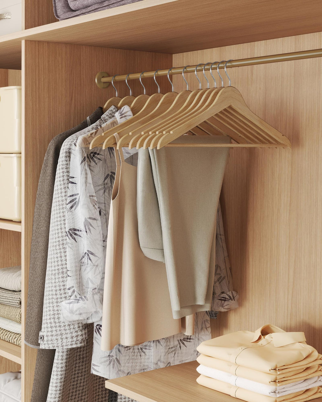 SONGMICS Wooden Hangers, Coat Hangers, Pants Bar, 360° Swivel Hooks, Solid Birch Wood, Space-Saving, for Jackets, Shirts, Coats, Pack of 30, Natural Beige UCRW030K01